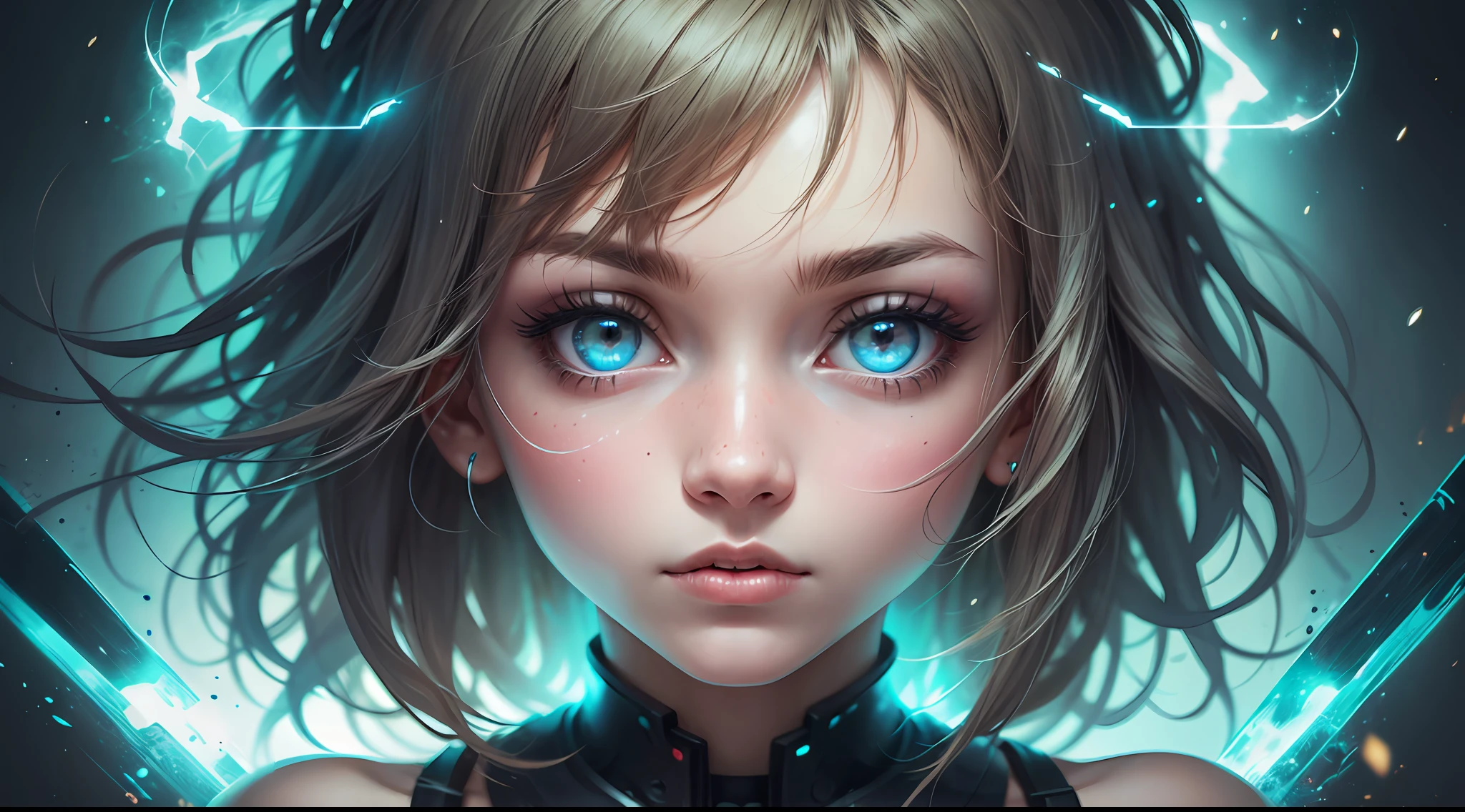 girl,radioactive glow, abstract art, focus on character, eyes with reflection