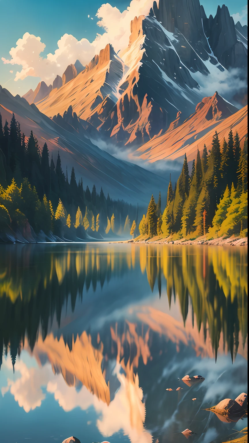 Real, beautiful and amazing landscape oil paintings, Miyazaki style, lakes surrounded by mountains, reflecting the colorful glow in the sky, as if you are in the ethereal and magnificent wonderland of Studio Ghibli Miyazaki films.