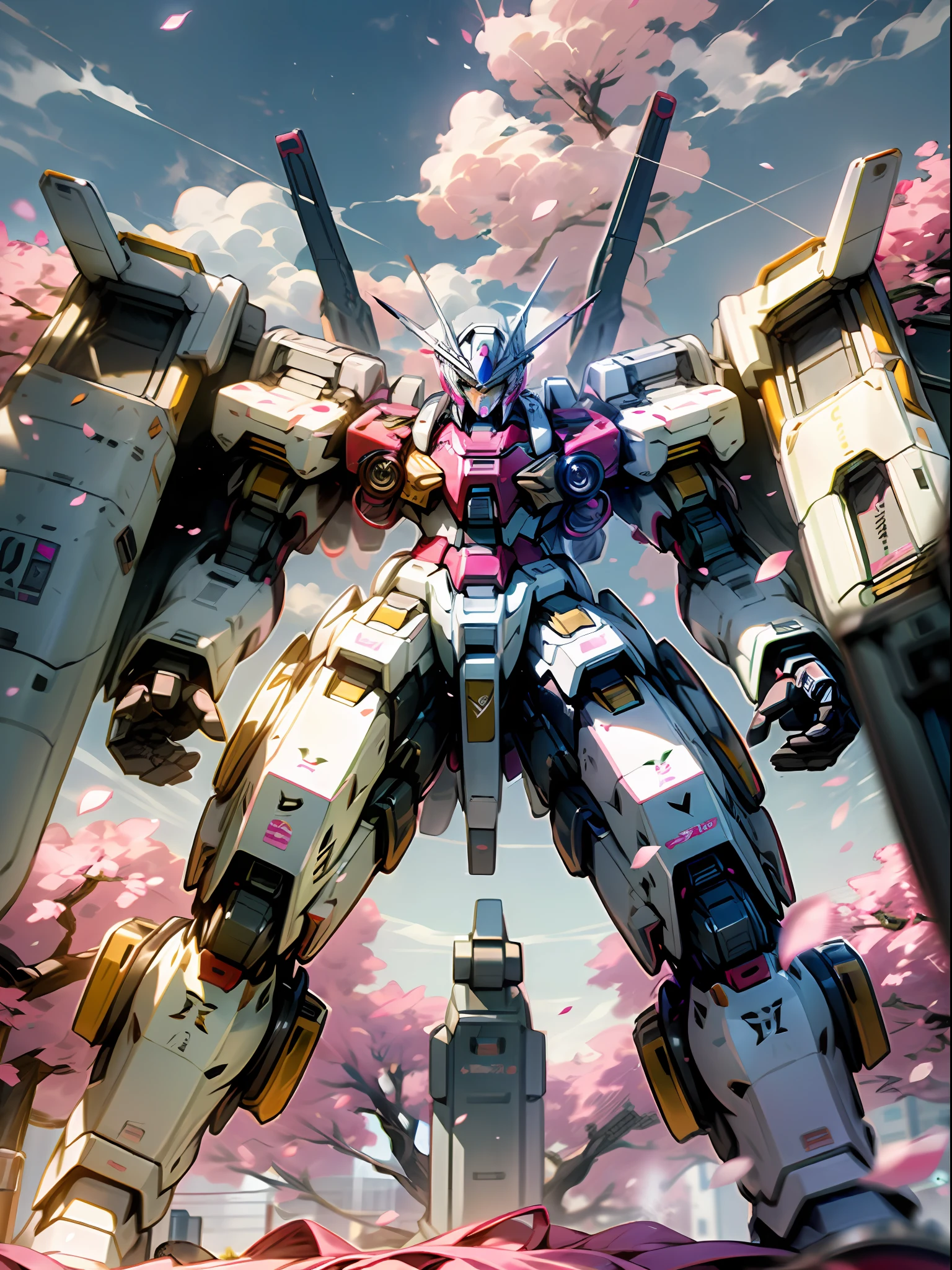 ((Best Quality)), ((Masterpiece)), (Very detailed: 1.3), 8K, cool painting, full of sci-fi atmosphere, heavy machine gun pink giant Gundam in both hands, streamlined pink armor, complex weapons and equipment behind it, Gundam humanoid mech, anime mech aesthetic, perfect body proportions, frontal standing posture, white clouds in the sky, cherry blossom pink background, looking up view, ray tracing, light particles, nvidia TRTX, super resolution, Unreal 5, anime quadratic style, subsurface tering, specular and albedo maps, rule of thirds, large aperture, battle stance.