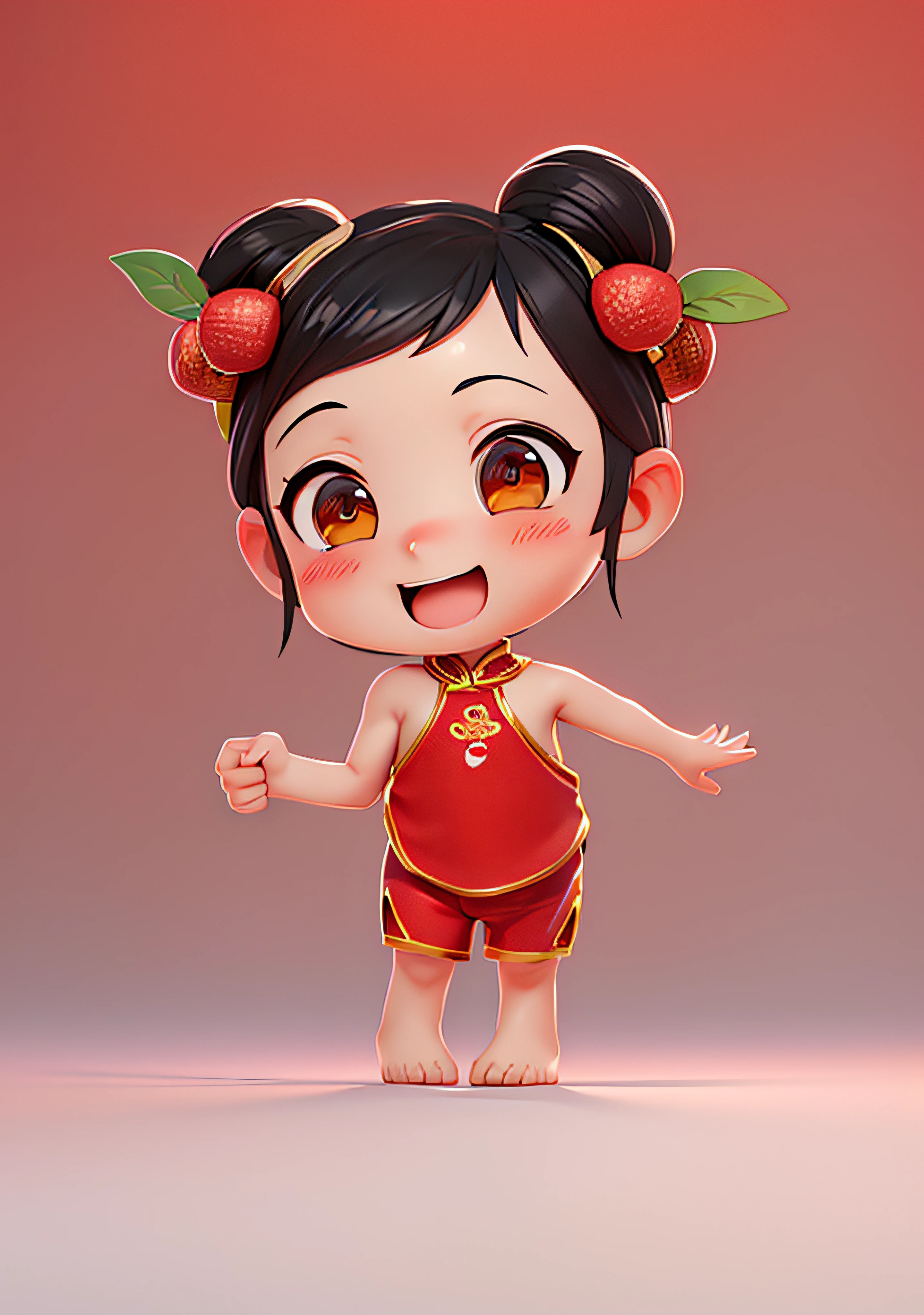 (Masterpiece: 1.3), (Best Quality: 1.3), (Masterpiece: 1.3), (Best Quality: 1.3), (8k wallpaper), (Ultra High Resolution), Full Body, (Bicephal: 2), (Natural Skin Texture), (Beautiful and Beautiful), (Very Detailed CG, Intricate Details), White Background, (White Background: 1.5), pixar, 3D, C4D, blender, 1 Girl, cute, happy face, black hair, solo, chibi, hair ornament, .chibi, (lychee:  0.5), (Double Lychee: 0.2), (Chinese Style: 1.5), Hanfu, (Red Bib), (Red Shorts), Painted Gold Rim, Sleeveless, Barefoot, Holding Leaves, Three-dimensional
