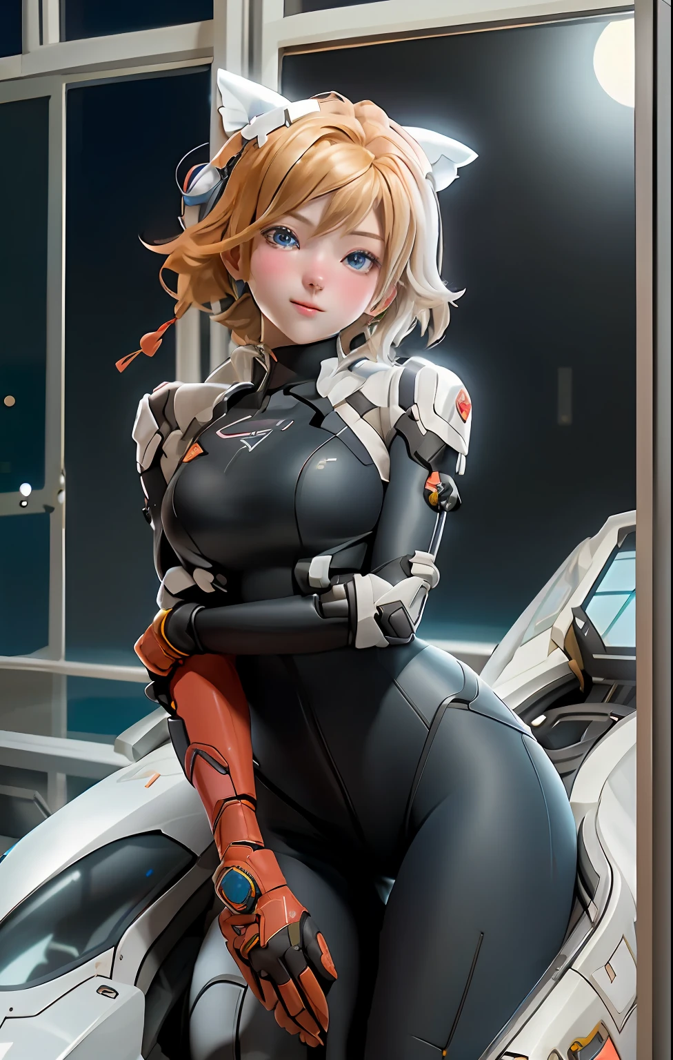 (Overhead view),dynamic angle,ultra-detailed, illustration, close-up, straight on, 1girl, ((souryuu asuka langley, interface headset, red bodysuit:1.4, blonde)),Her eyes shone like dreamy stars,(glowing eyes:1.233),(beautiful and detailed eyes:1.1),(expressionless,closed mouth),(standing), (mechanic room with toolsand spaceship windowin a white SPACESHIP), (night:1.2),dreamy, [[delicate fingers and hands:0.55]::0.85],(detail fingers),