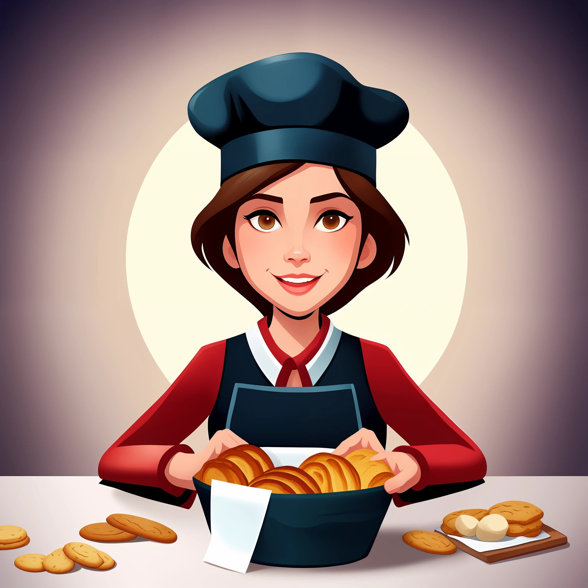 cartoon illustration of a woman holding a basket of bread and a plate of cookies, baking artwork, game illustration, official illustration, game art, yummy, stylized digital illustration, cuisine, baking cookies, bakery, digital illustration -, dressed as a pastry chef, stylized game art, commercial illustration, 2 d illustration, 2d illustration, cooking, detailed game art