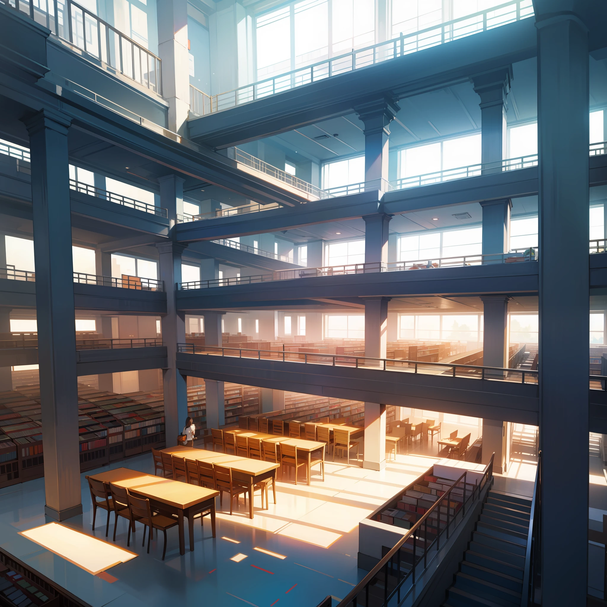 Huge library, many tables and chairs placed, many people walking around, multi-storey structure, divided into many levels