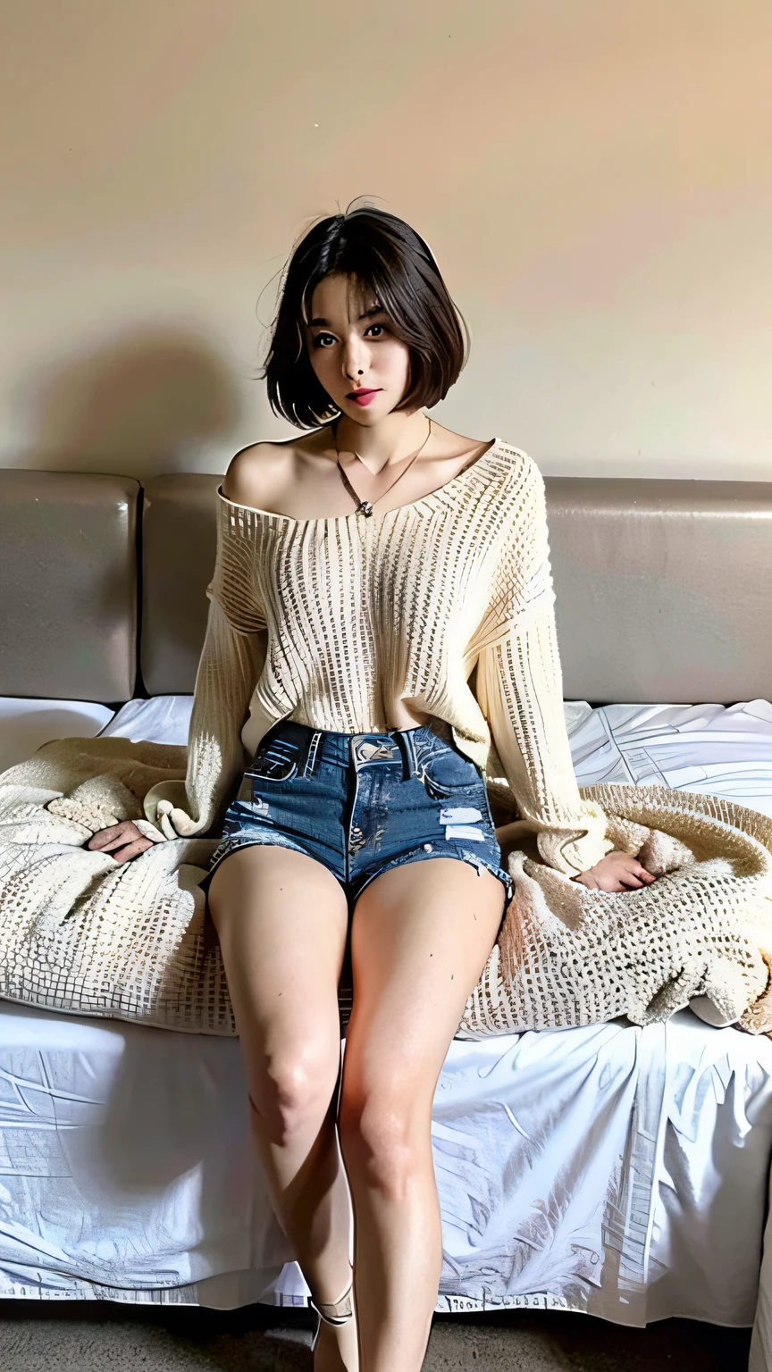 (Best quality, 8k, 32k, masterpiece, UHD: 1.2), photo beautiful japanese woman, room, very short Bob hair, upper body, facial focus, oversized_sweater, necklace, simple background, from above, looking at the viewer, long legs, denim shorts, high heels