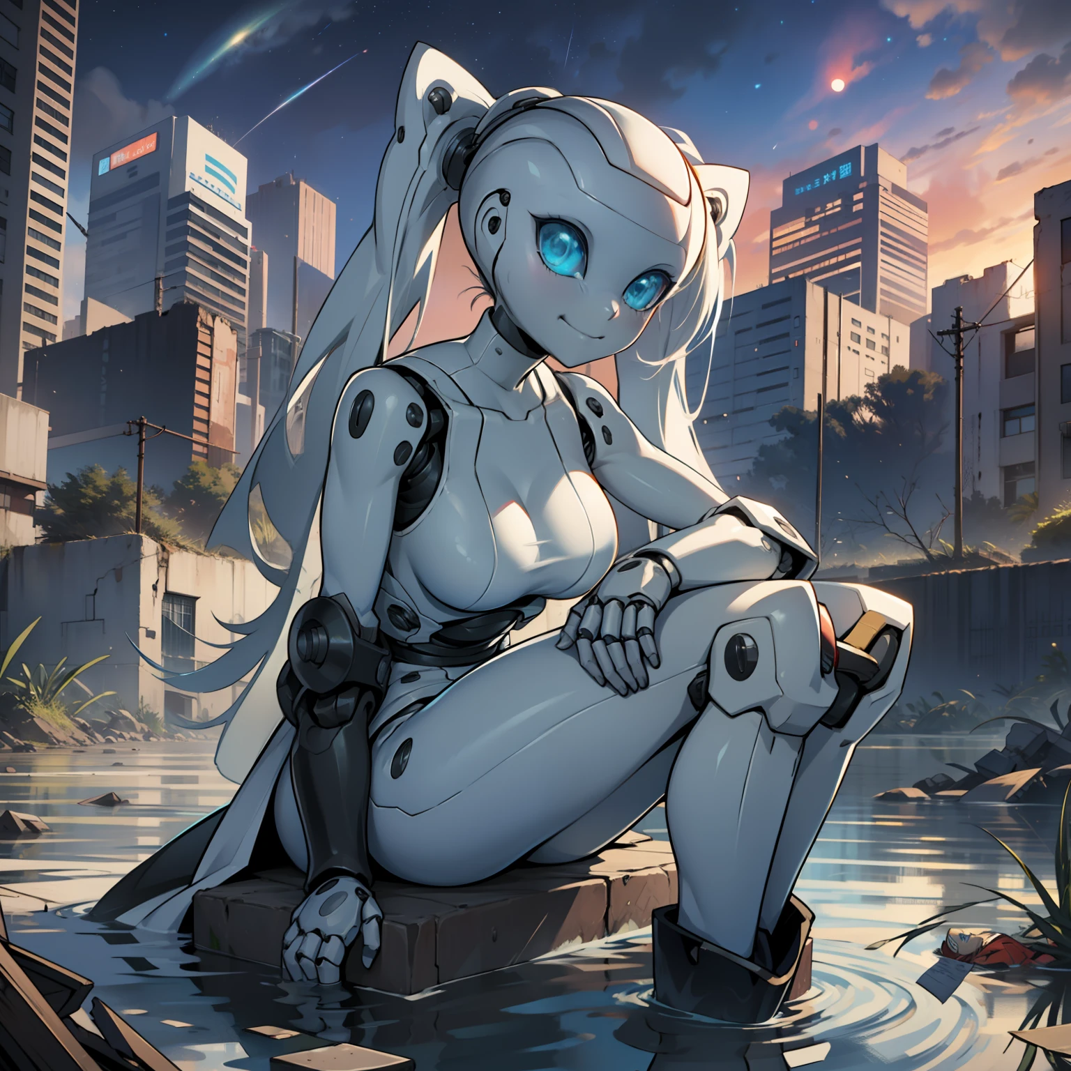 Beautiful and detailed image, drossel, twintail, boots, woman, robot, smile, blue eyes, looking at the viewer, small breasts, 4k, masterpiece, best quality, solo, single character, high detail, (no mouth), big eyes, full-length, future, science fiction, legs, metal hair, huge dump, excavator, gloomy, tower, mountains of garbage, wrecked cars, fire, smoke, ruined city, sunset, evening, ruins of the city, anime character, android, robot, sfw, a cruiser that fell on a city, a starry sky, a human height, a flooded city, sitting on the ground, a construction crane, legs spread