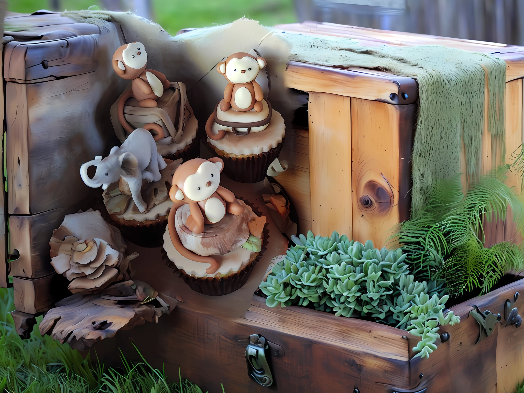 Please replace with a decoration of plants and wooden trunks