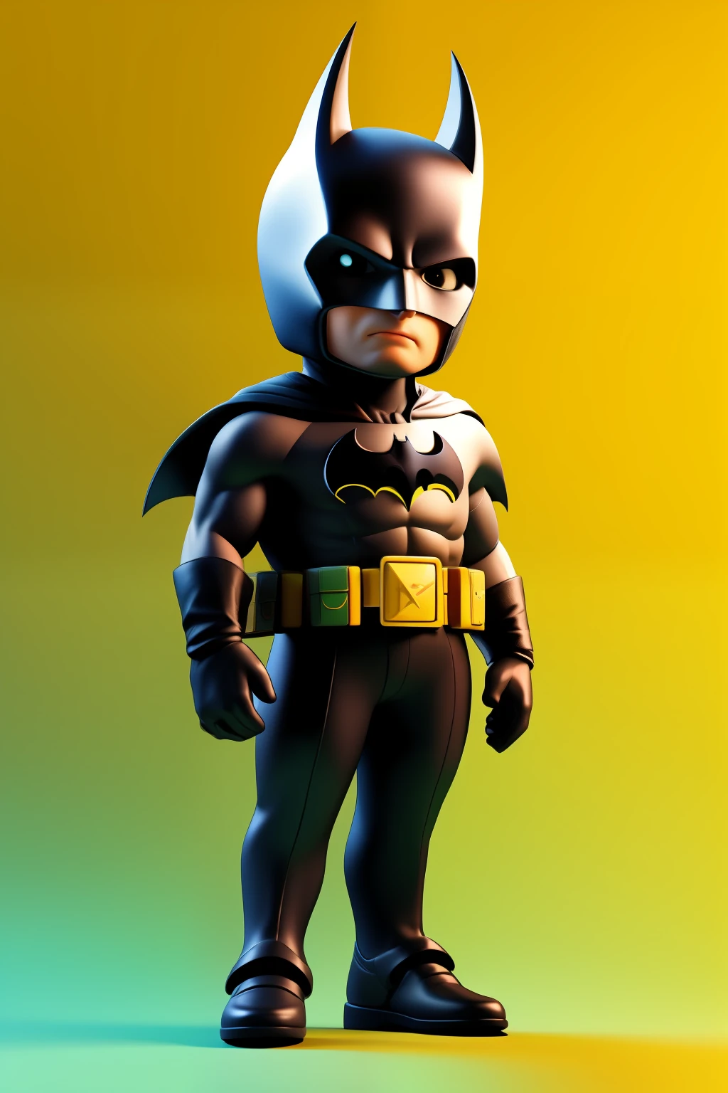 3dcharacter, batman,(full body:1.2),simple background, masterpiece,best quality,(yellow gradient background:1.1)