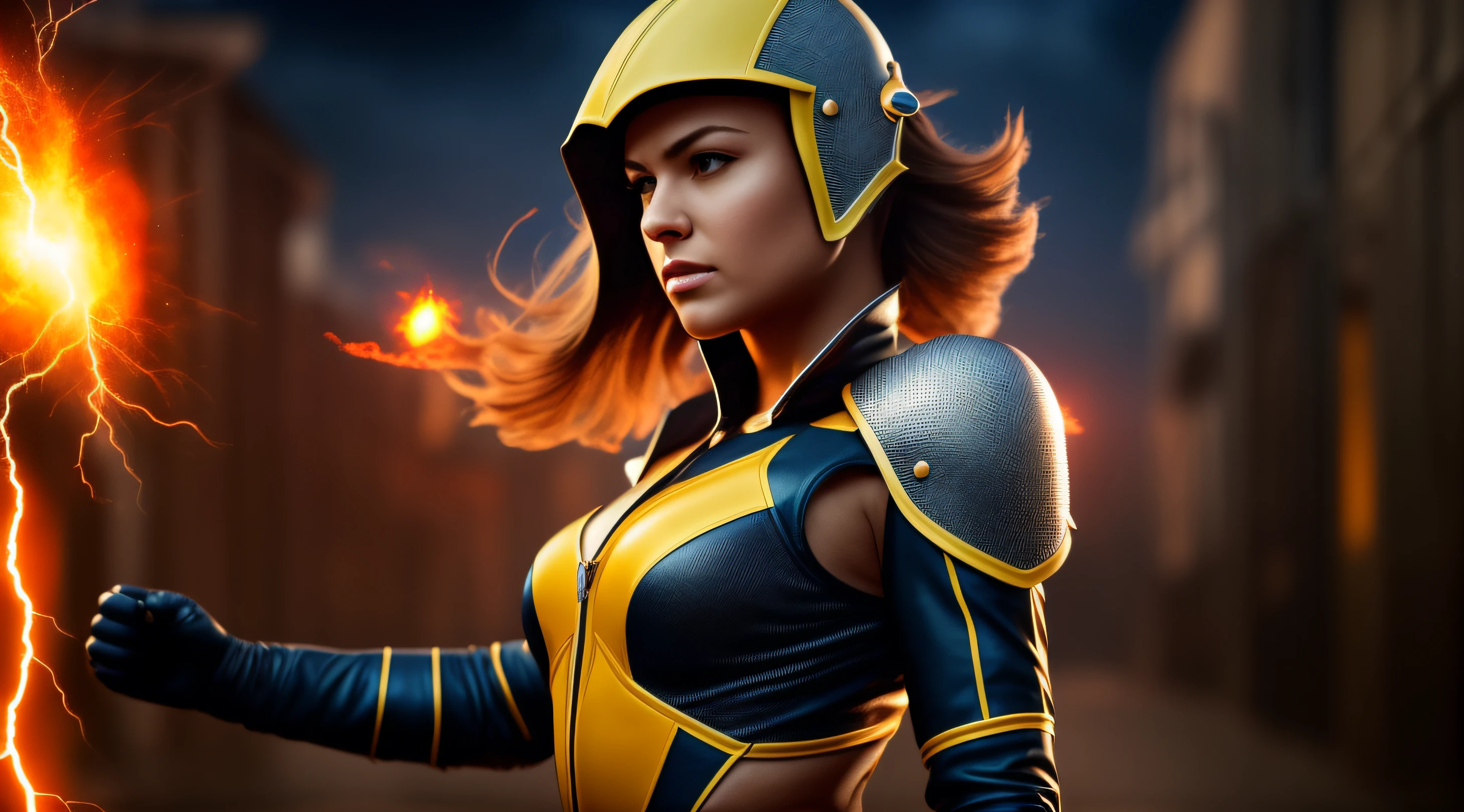dark scene, (photo of a woman wearing a flash suit), (PERFECT body: 1.4), night town, (mist: 0.2), highest quality, particles, light rain, girl's focus, breasts, (large breasts: 1.7), night, outdoors, rain, dark atmosphere, lightning touching the ground, detailed background in acceleration force, masterpiece, grumpy, (realistic: 1.3), latex combat suits, torn mask, (skinhead: 1.2), perfect face, perfect hands, perfect skin, perfect lighting, perfect shading, (realistic texture of armor), volumetric shading, subsurface scattering, hyper-realistic, dynamic pose, dynamic movement, (ultra realistic photo: 1.5), ((hands holding a blue ray)), full body in maximized frame