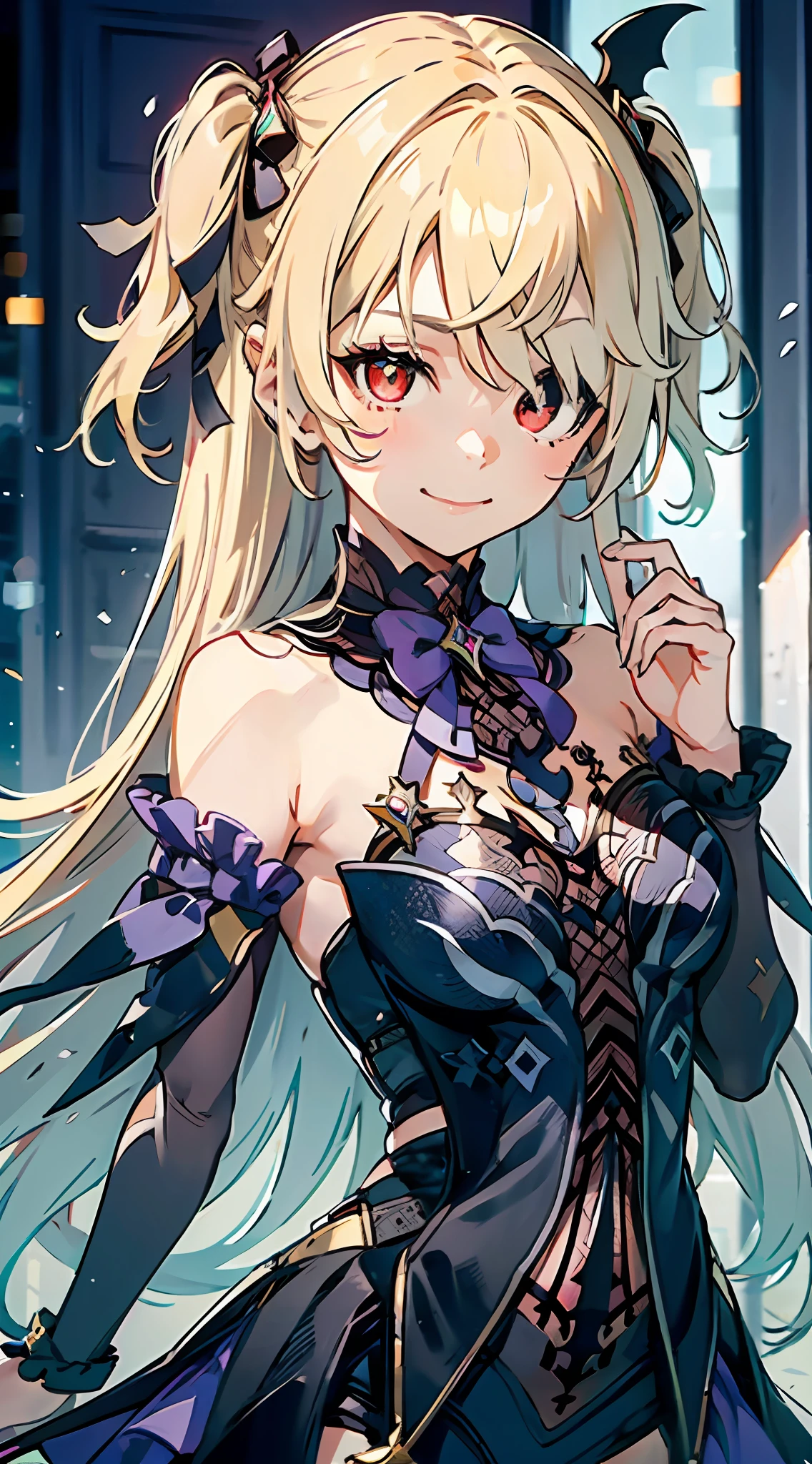 1girl, (solo:1.2), ((masterpiece)), [slim], (small chest), ((detailed eyes)), (bokeh effect), medium shot, fischldef, bang covers eye, white hair, bare shoulders, (smug smile), constricted pupils, small pupils, ((red eyes))