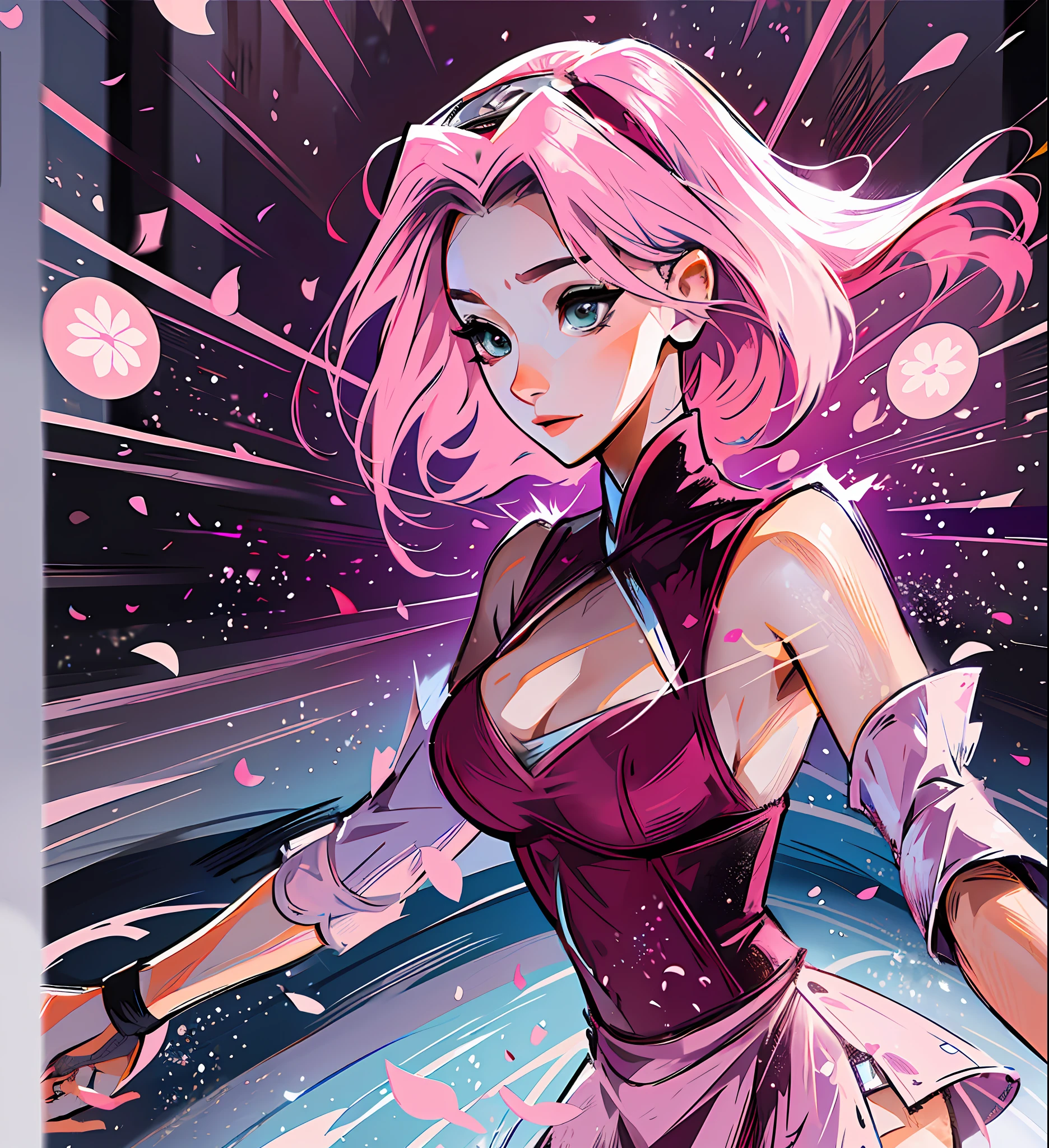 Sakura haruno, a figure skater, dancing on an ice rink, Sakura's hair is pink and short, there is nothing on her head, no adornment, whole body, her body is thin and graceful, her outfit is red, the image is charming and spectacular and there is depth in the scene, it is exciting, she is delicate, book cover