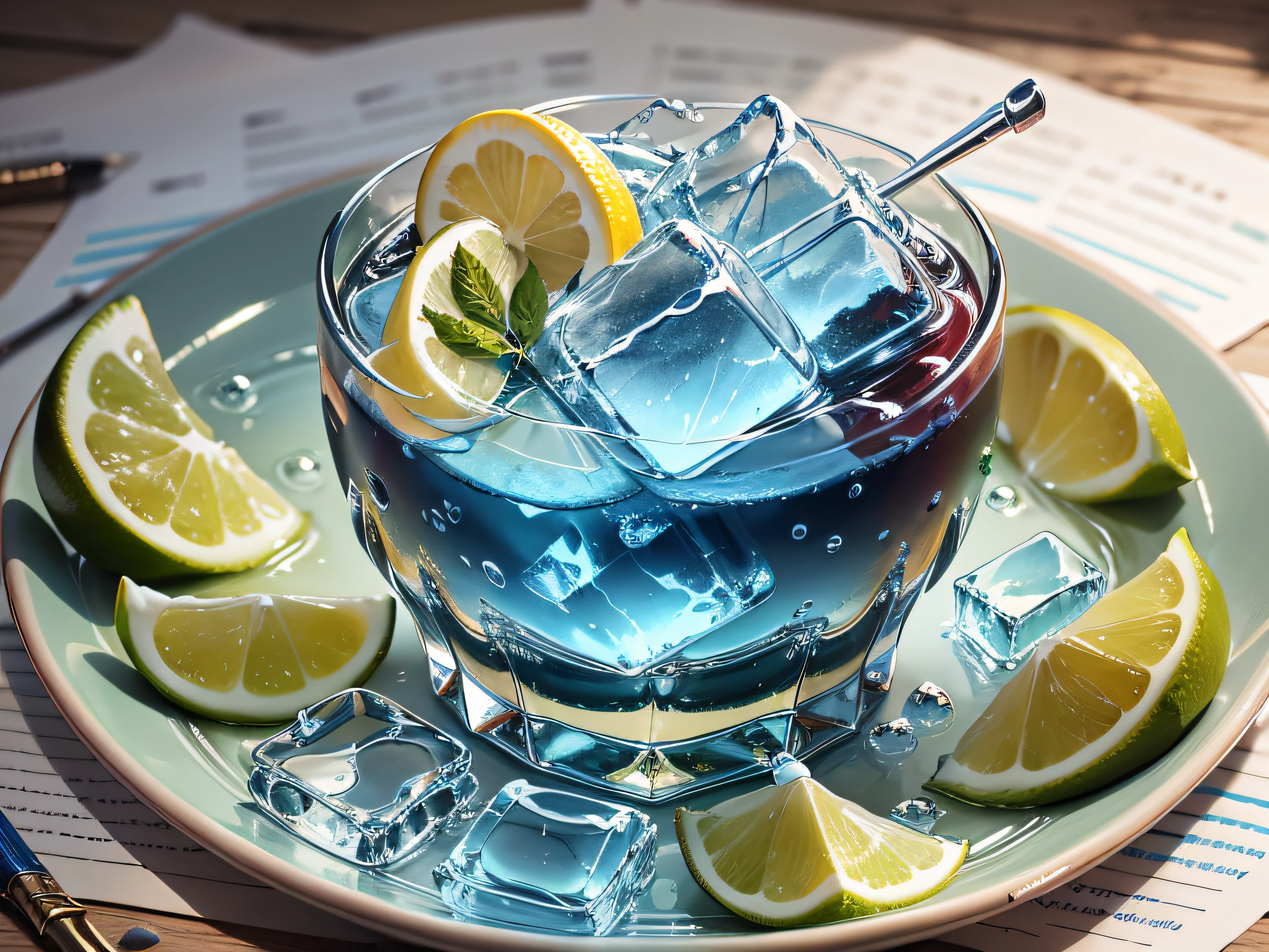Draw lemon and ice cubes on blue background 🍸🍋, very much lemon cut + super many crushed ice cubes, detailed acrylic painting, super detailed painting, lime, detailed painting 4 K, digital painting highly detailed, super detailed acrylic painting, detailed acrylic painting, super detailed painting, high detail oil painting, highly detailed watercolor 8 K, highly detailed watercolor 8K, water pattern on ice, water flow detail, 🐿🍸🍋 summer cool feeling