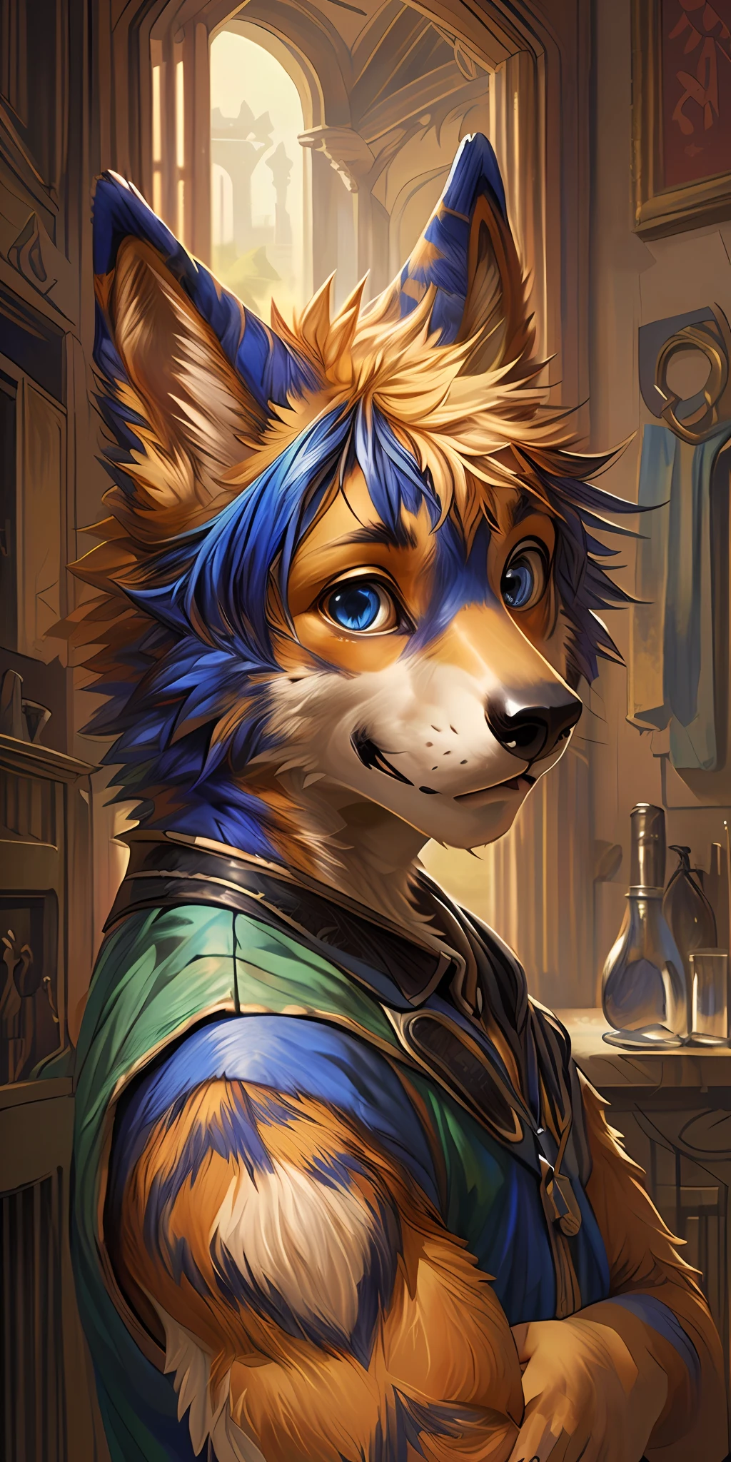 High-quality illustrations by Pablo Ruiz Picasso, by Johannes Vermeer(highly detailed beautiful face and eyes)absurdres, perfect anatomy(handsome 1boy, kemono, solo focus)(furry)(furry anthro:1.7)(Furry body, dog facial features, dog body features)(very detailed body fur),