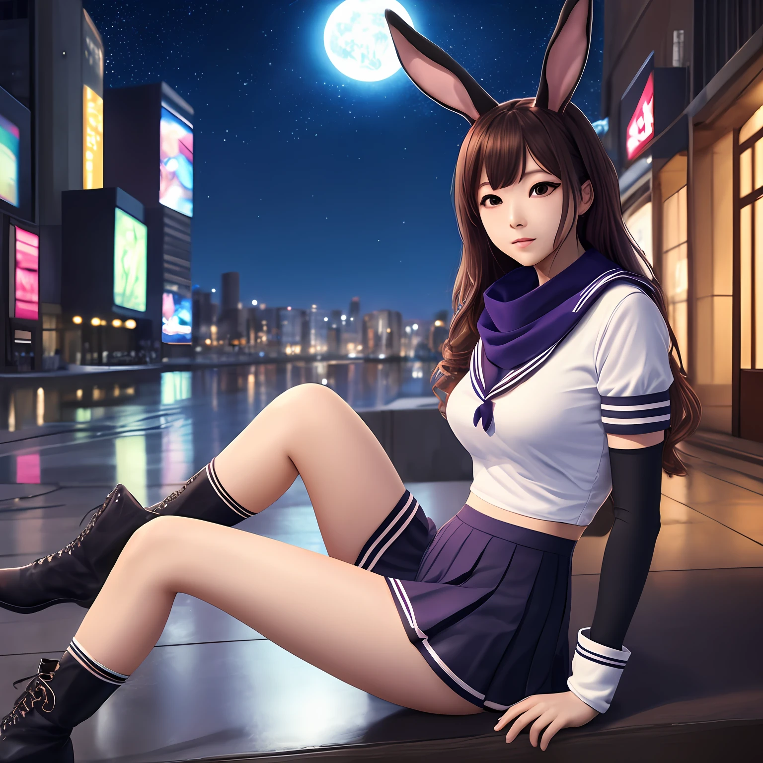 Realistic, Ultra High Resolution, Best Picture Quality, Masterpiece, Extremely Delicate Girl, Purple Eyes, Looking at the Audience, Long Legs, Blushing, Shy, (City Space, Night, Movie Lighting), ((Sailor Collar, Short Top, Scarf), Miniskirt, Pleated Skirt, High Pants, Striped Socks, Rabbit Ears, Elbow Gloves, Boots, Crotch View, Focus on Thighs)), (YaeMiko, yae Sakura : 1.3), (Realism: 1.4), ( ulzzang-6500-v1.1:0.66), --auto
