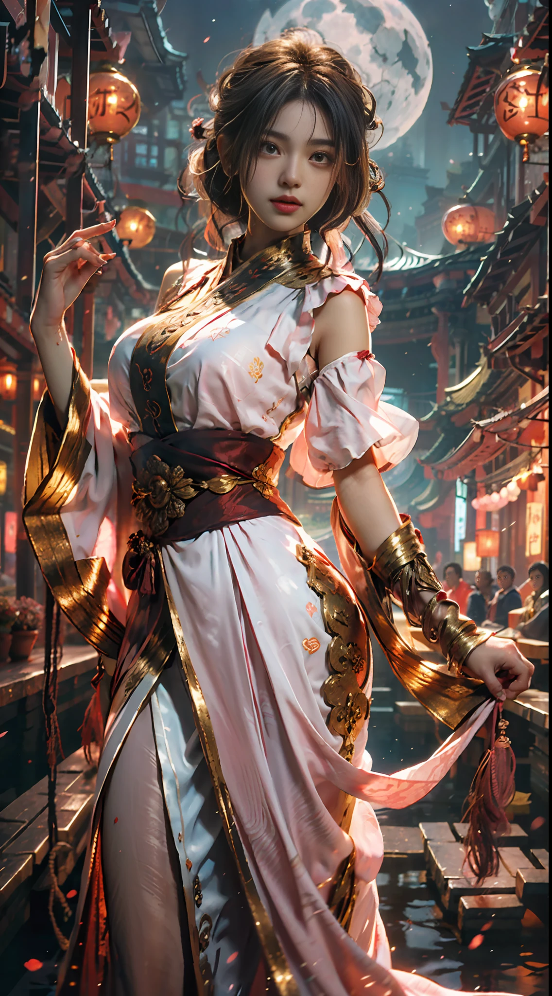 The art depicts a charming woman dressed in a flowing, silky traditional oriental dress, pink, decorated with intricate patterns and bright colors. Her dress drapes elegantly over her curvy figure, accentuating her seductive silhouette. She stands gracefully by the tranquil lotus lake, bathed in the soft glow of the moonlight.
