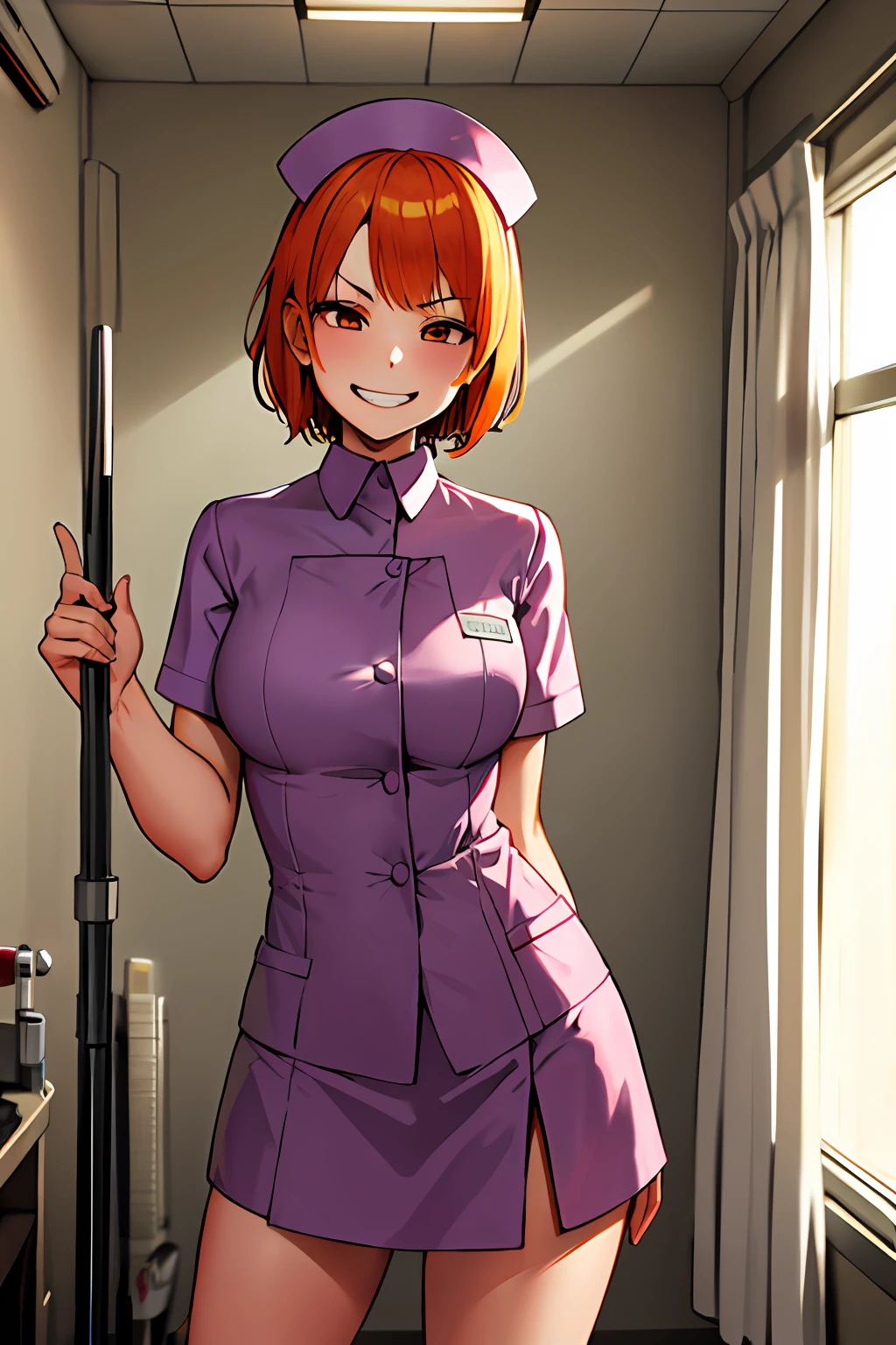 Masterpiece, top quality, high resolution, girl alone, evil grin, evil smile, evil plan, orange hair, white nurse uniform, short hair, brown eyes, mini skirt, hospital room, holding a stick