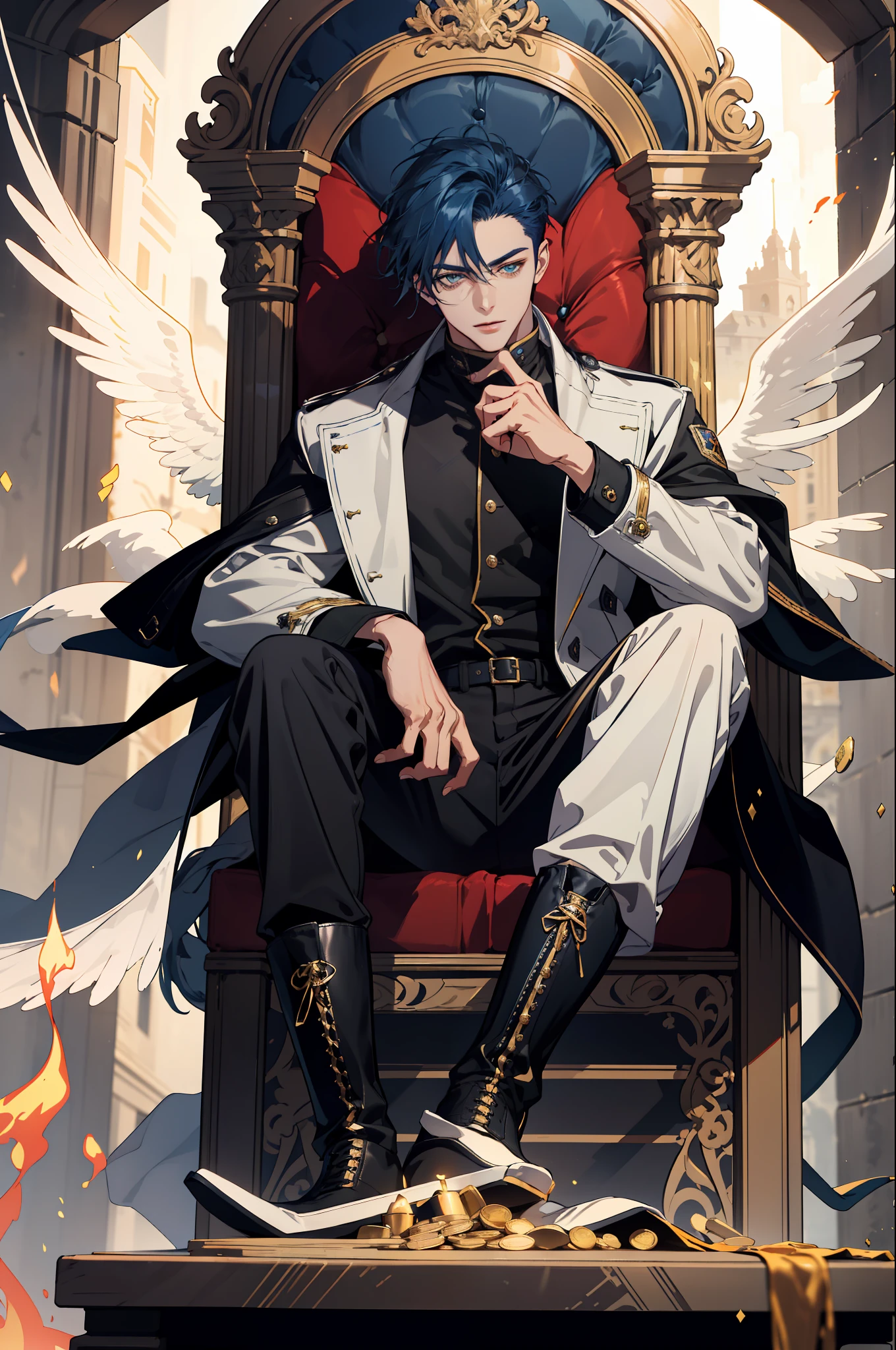 (absurdres, highres, ultra detailed), 1 male, adult, handsome, beautiful eyes, tall muscular guy, finely detailed eyes and detailed face, medium length wolf cut blue hair, grey biker jacket, black pants, doc martin boots, fantasy, magnificent background, throne, magic effect, flame, detailed fantasy sword leaning on throne, gold coins piled around feet