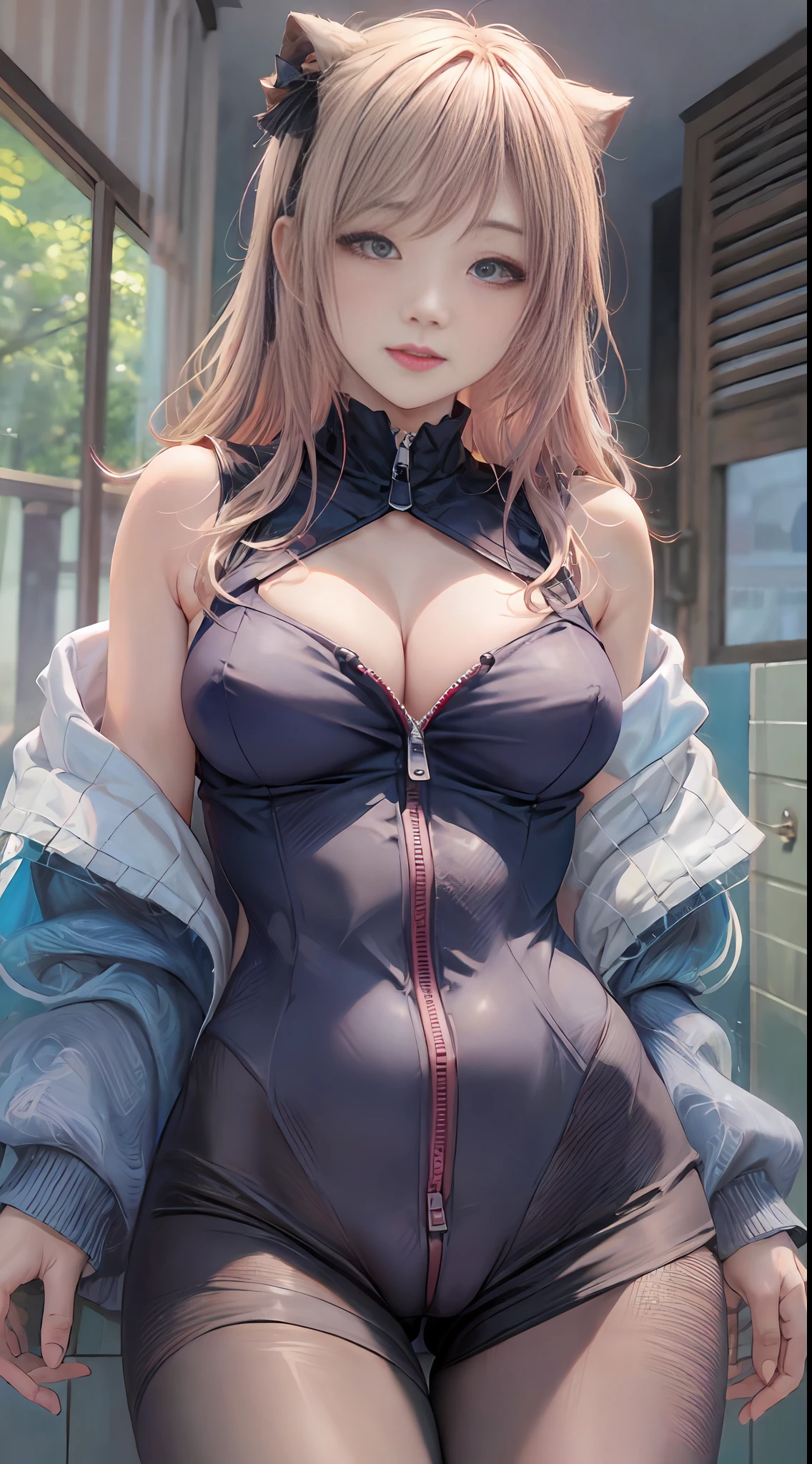 (Master Masterpiece: 1.2), Best Quality, High Resolution, Original, Ultra HD, Very Detailed Wallpaper, Perfect Lighting, (Light White Blonde Pink Hair Color 0.8) , (Very detailed CG: 1.2), ((bare pubic hair: 1.5)), no panties, ((transparent clothes: 1.2)), full body, pantyhose, no bra, photorealistic ((Cameltoe: 1.5)), 8k, perfect artwork, ultra-detailed rendering, highest quality, high resolution, detail maniac, realistic eyes, best quality, delicate face, detailed body limbs, 1 girl, solo, sleeveless clothes, sleeveless shirts, fishnet clothes, dark lips, Unzipped jacket, bare breasts, blush, highlight, superb breasts, superb figure, flesh, tinted, transparent clothes, skinny, open pants, slim,