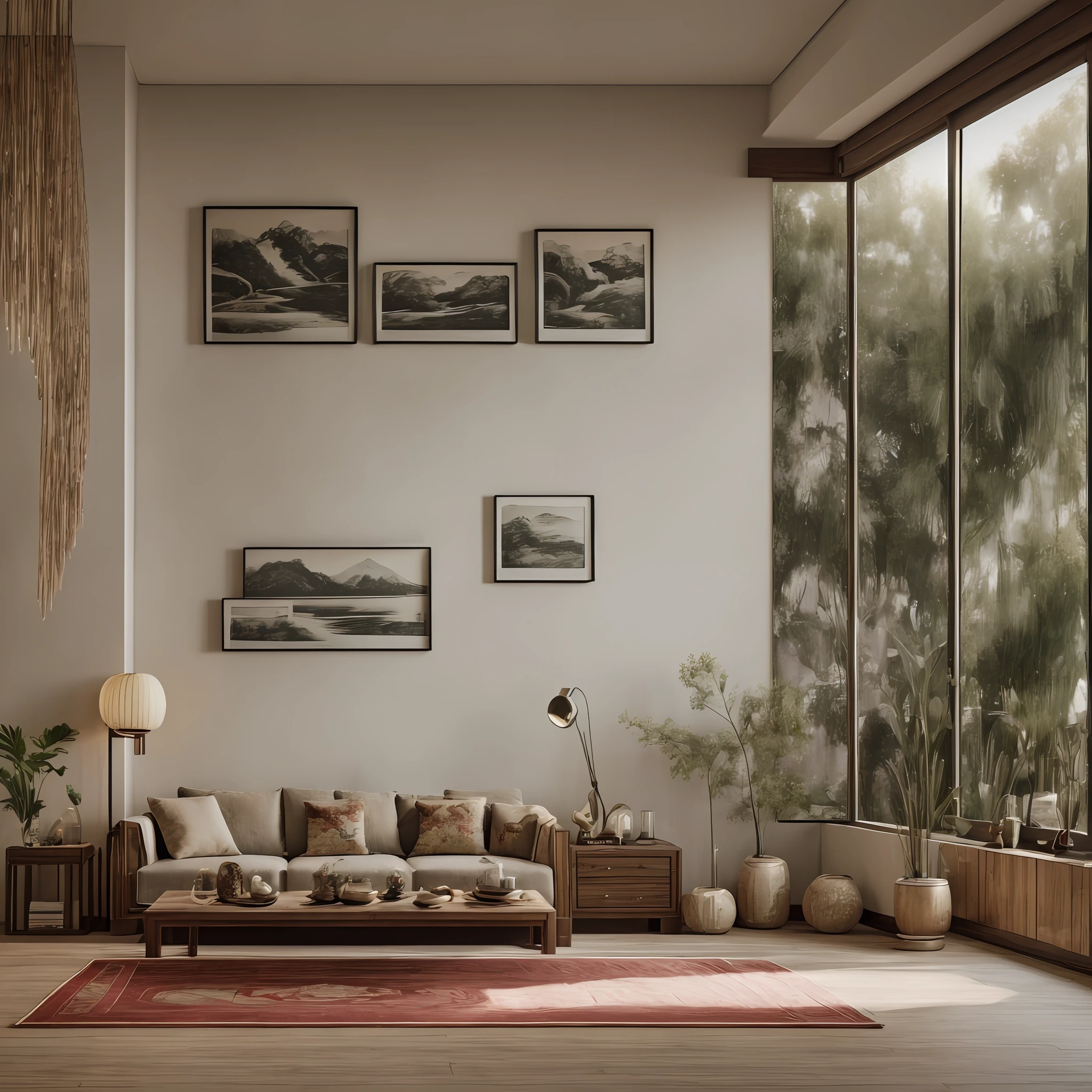 5m long, 3m wide, 3m high, Chinese living room, camera facing balcony, front view, ((HD)), real, photogenic, 8k, --auto