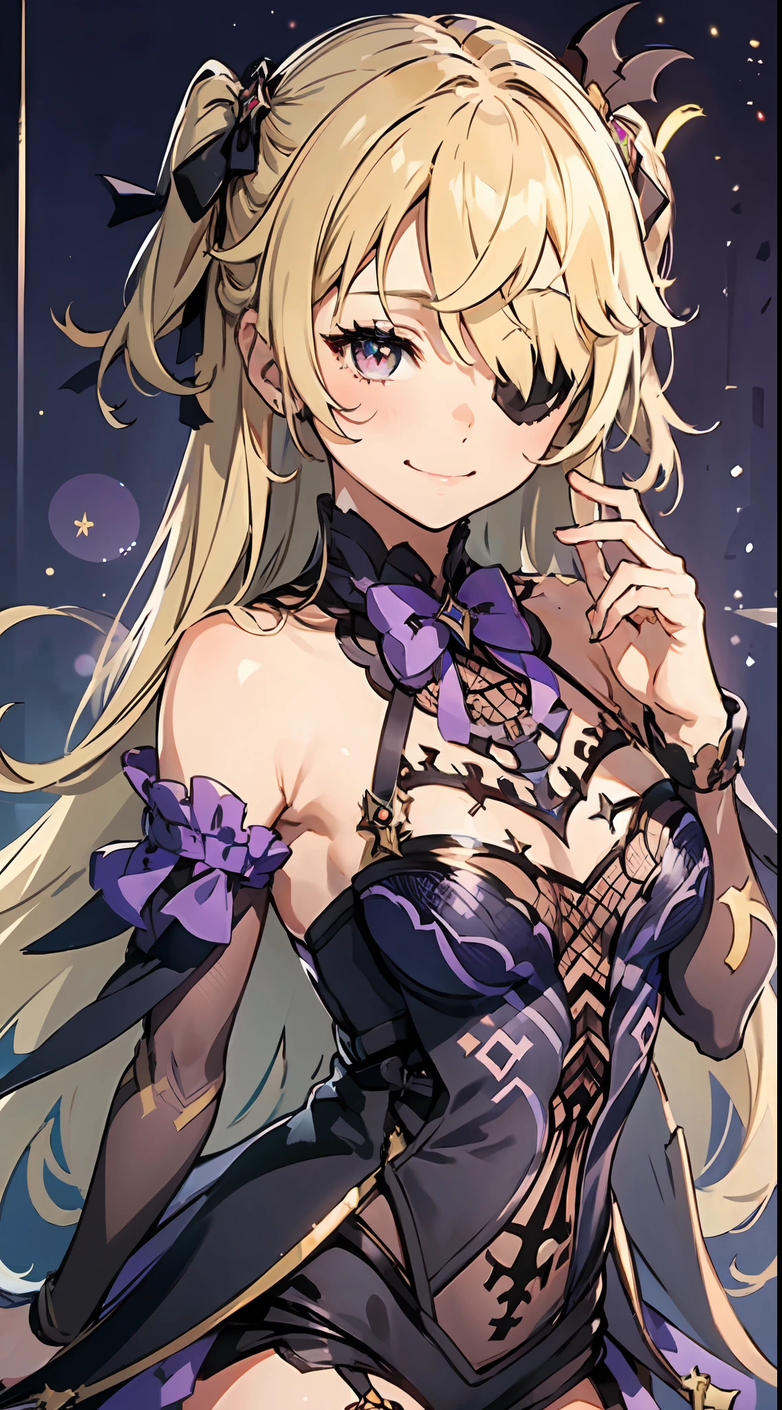 1girl, (solo:1.2), ((masterpiece)), [slim], (small chest), ((detailed eyes)), (bokeh effect), medium shot, fischldef, (eyepatch), bang covers eye, blonde, purple raven, bare shoulders, (smug smile)