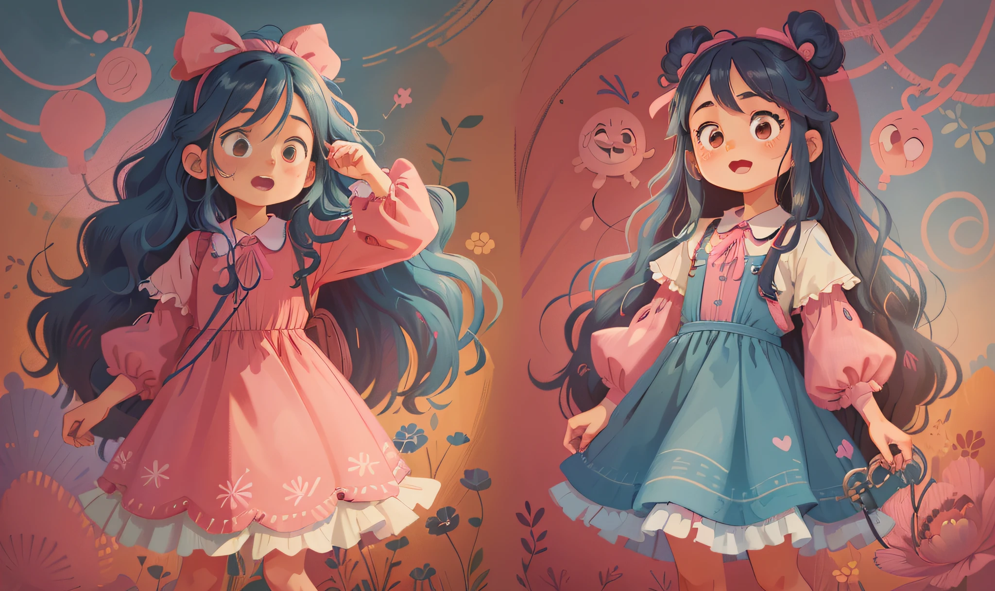 Character for children's book, (the same character in several different poses and facial expressions) a girl with (wavy long hair blue and pink), with colorful dress and a cord with a key