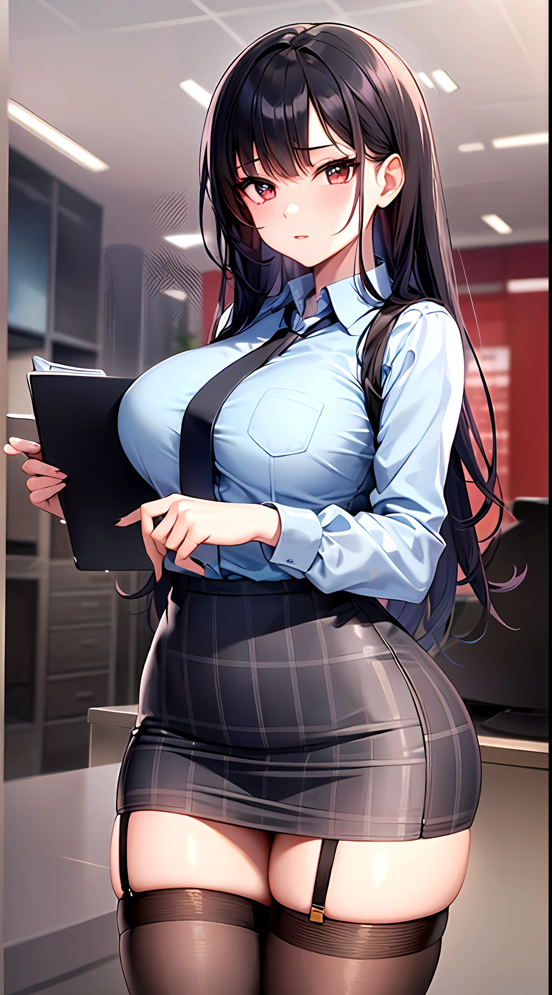 (Masterpiece), (Best Quality), Intricate Detail, 1girl, Solo Focus, Skindentation, Perfect Face, Beautiful Face,Sharp, Sharp, High Quality, f(ACE),
Office Lady, Tight Pencil Skirt, (Plaid Vest), Black Hair, Random Hairstyle, Company, Office Room, Work, Full Body, looking_at_viewer, Black Stockings, Mini Skirt, Garter Belt, Dark Lips,