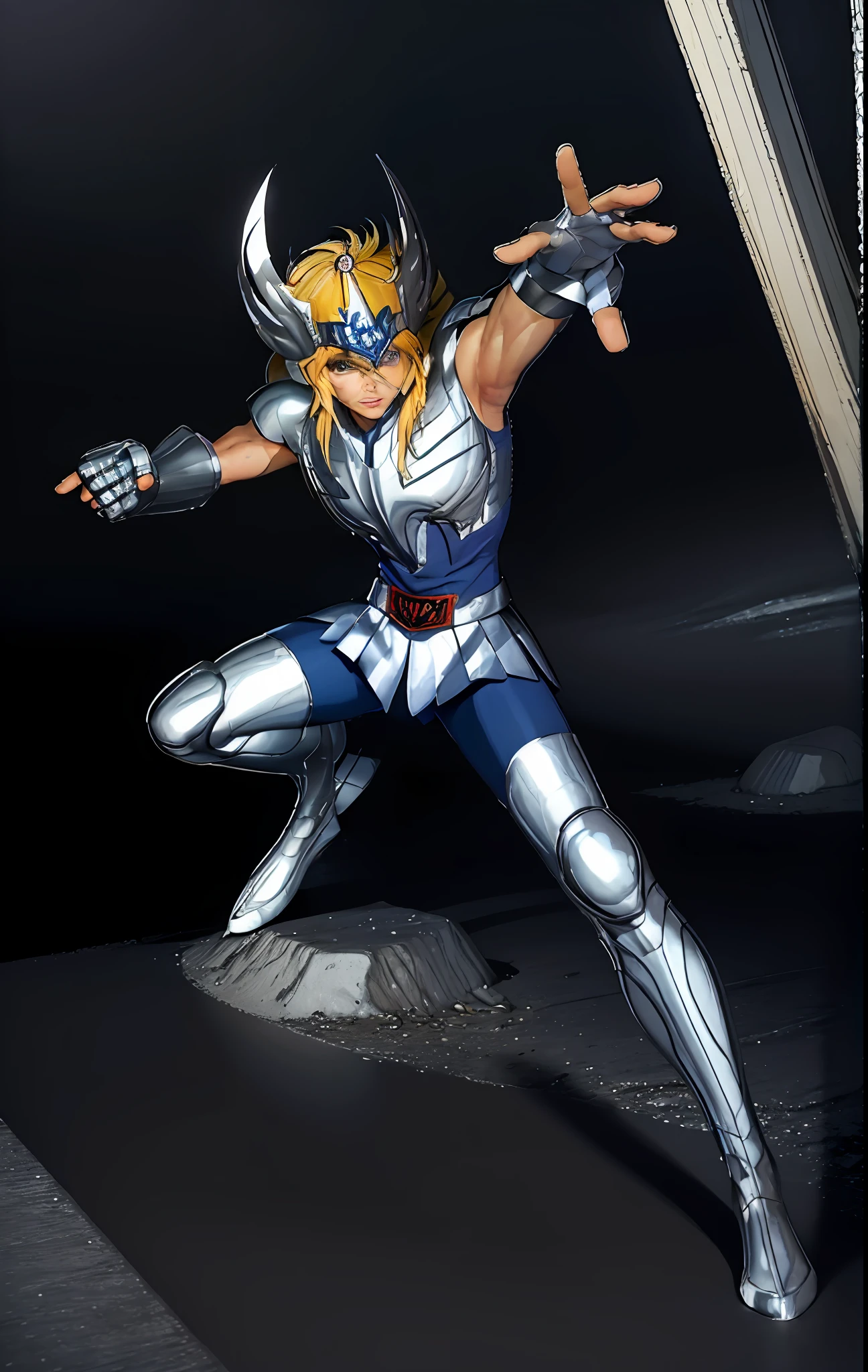 masterpiece, best quality, ultra high res, realistic skin texture, armor, (photorealistic: 1.3), high resolution, raw photo, shiny skin, (skin detail: 1.2), realistic skin texture, better lighting,, brightness, dramatic lighting, dynamic pose, (greek temple background: 1.3), morning sun, cosmos, milky way, ((1boy)), (short blonde hair: 1.5), cygnus_hyoga, (blue shirt and pants: 1.2), (helmet: 1.2), silver plate armor, shoulder armor, cinematic lighting