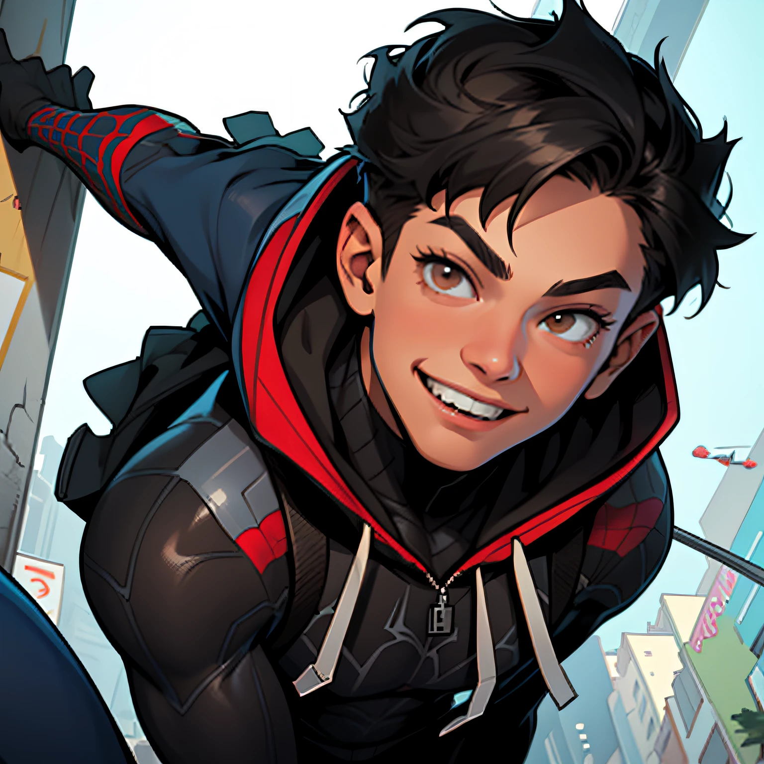 boy, 16 years old, short black hair, brown eyes,white Spider-Man suit with hood, portrait, Spider-Man Into The Spider-Verse, as Spider-Man Into The Spider-Verse, smiling, cartoon style, --auto