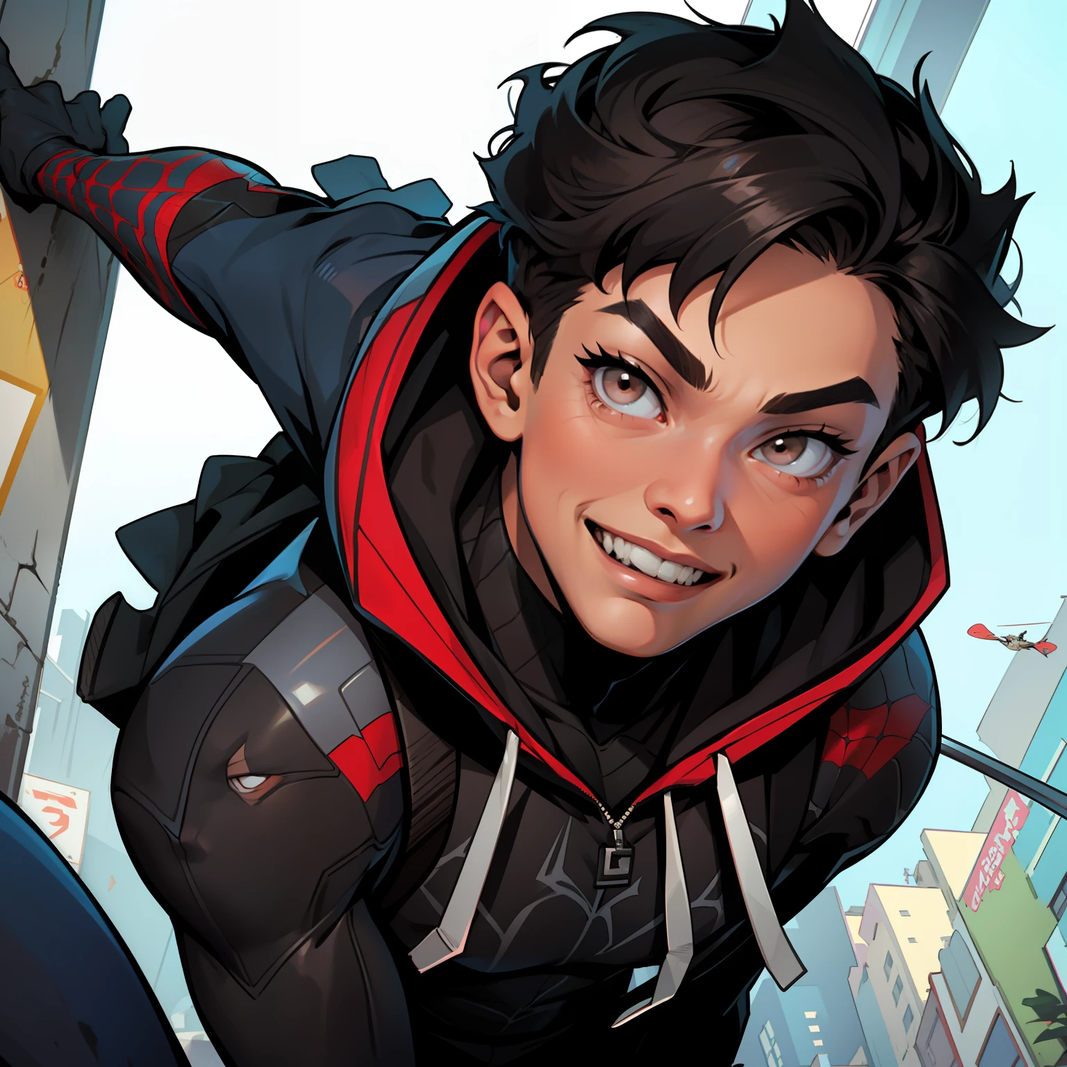 boy, 16 years old, short black hair, brown eyes,white Spider-Man suit with hood, portrait, Spider-Man Into The Spider-Verse, as Spider-Man Into The Spider-Verse, smiling, cartoon style, --auto
