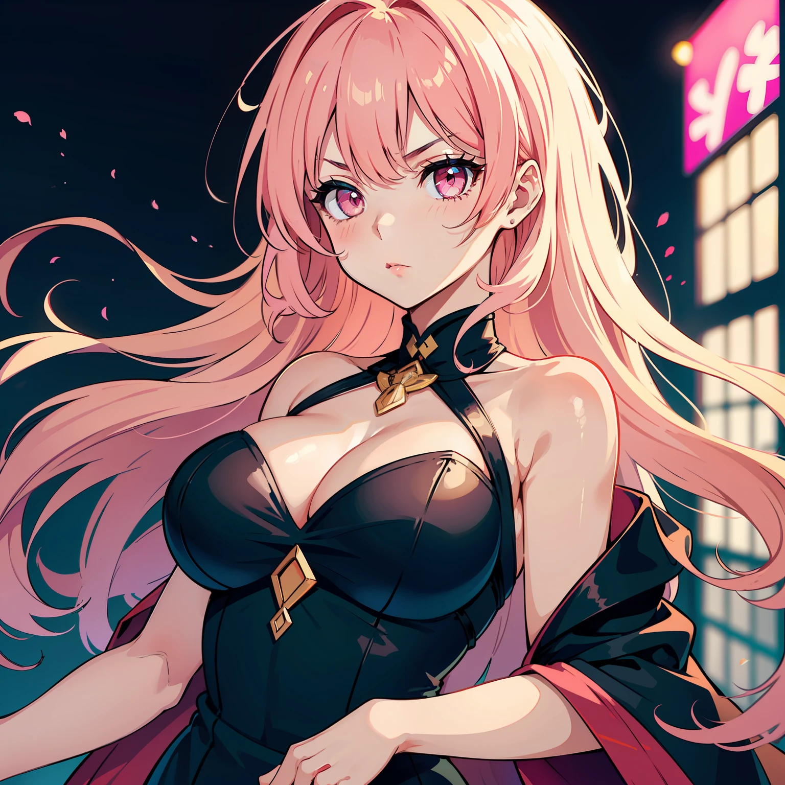 (masterpiece, best quality), ((1girl, (mature)), ((hair fulfilled)) (confident look) (serious gauze) (salmon pink hair, hair fulfilled), (pink eyes, beautiful eyes, sharp eyes, brave face)), (simpler background, dark background, city background), (highres, Chromatic aberration), black dress with neckline, gala dress, big breasts, (big hair), Serious and confident look, ((confident look)) (brave, cold, brave) (big breasts)