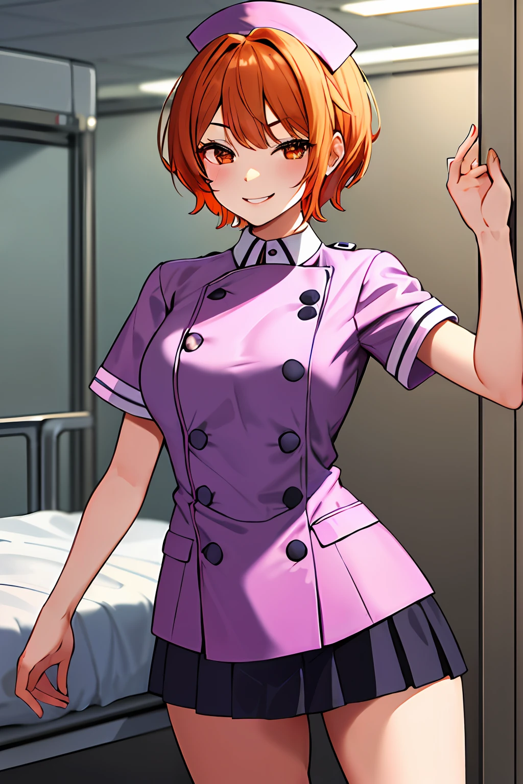 Masterpiece, Best Quality, High Resolution, One Girl, Evil Smile, Evil Smile, Evil Plan, Orange Hair, White Nurse Uniform, Short Hair, Brown Eyes, Mini Skirt, Big, Hospital Room
