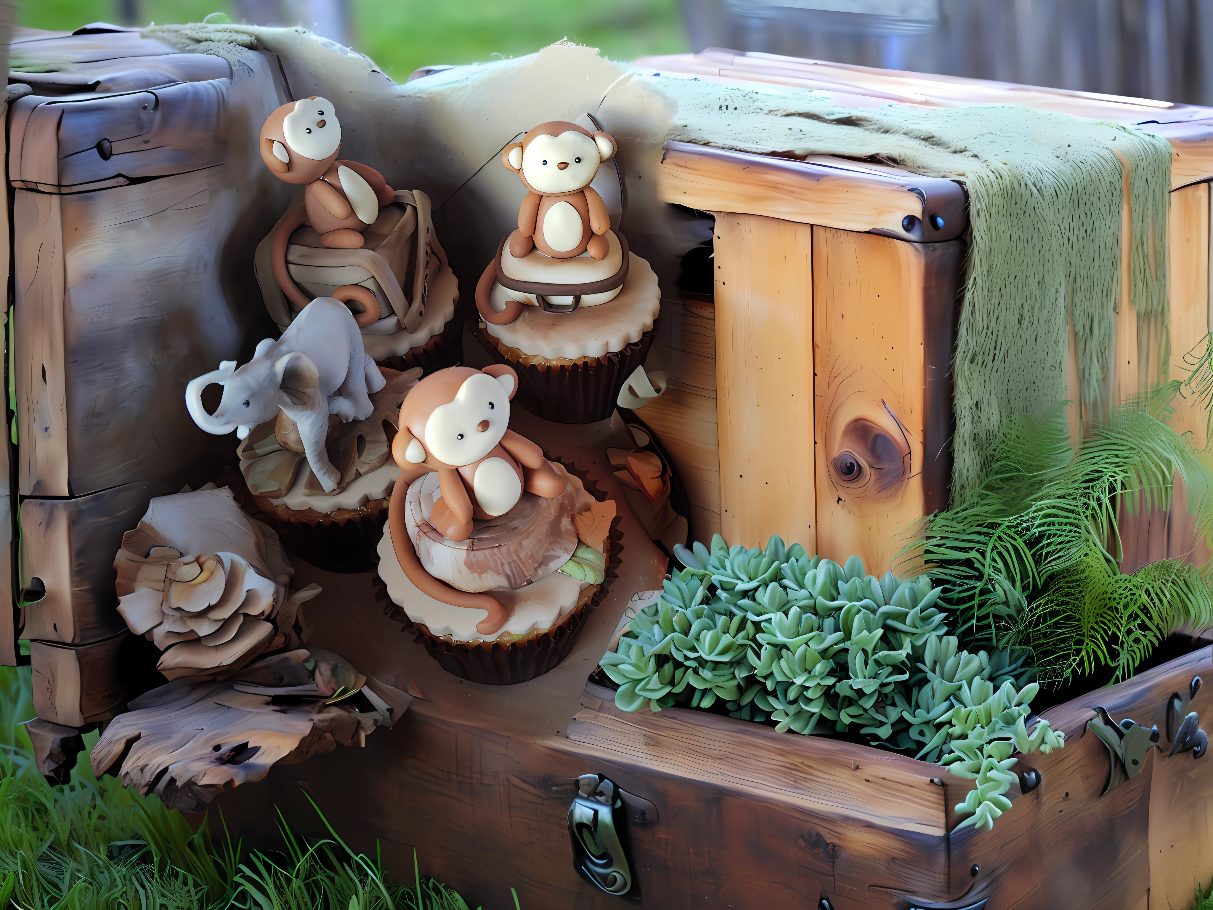 Please replace with a decoration of plants and wooden trunks