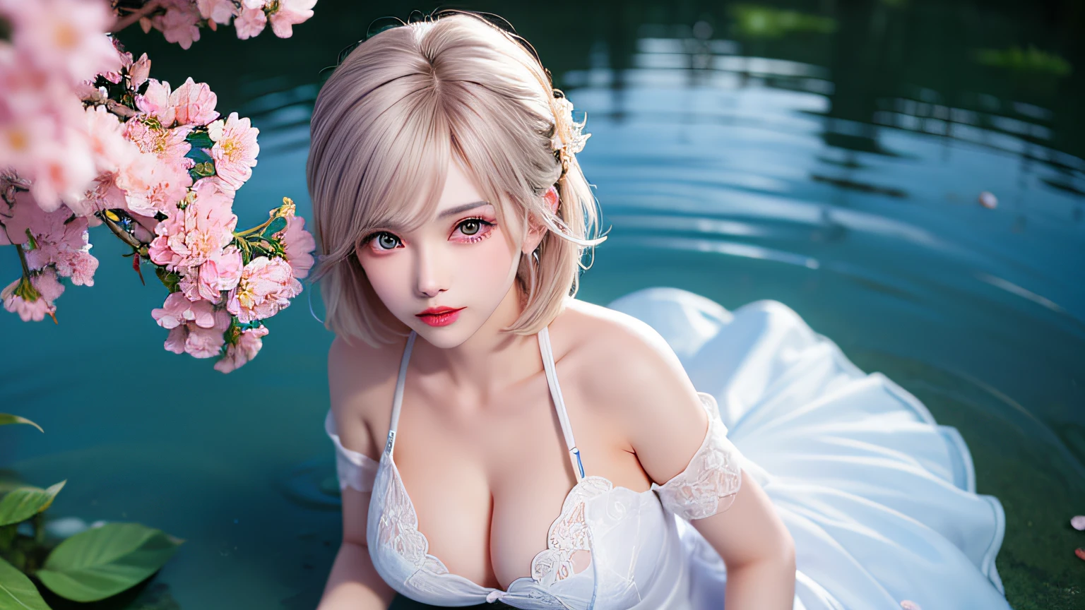 (8k, RAW photos: 1.2), highest quality, ultra high resolution, (((cleavage coordination from head to waist)), dramatic angles, (pink petals fluttering), (illustration), (1 girl))), (short hair bob), (transparent white sheer lace dress)), beautiful face (silver hair, blue eyes), (bright lip gloss, long eyelashes, smooth) face, bright skin, Natural Shadows, Wide Light, Wide Light, Depth of Field, Strong Colors, Subtle Caustics: 0.8), Smile, (Rain: 0.9), Behind the Girl, Hanazono, (Focus), (((Sit on the Surface of the Water)), (Color Splash), Colorful Splash, ((Colorful))), (Sketch: 0.8), Masterpiece, Best Quality, Beautifully Painted, Highly Detailed, (Denoise: 0.6), [ Splash Ink], (Ink Refraction)), (Beautiful Detailed Sky), Highly Detailed, (Masterpiece, Best Quality, Highly Detailed) CG Unity 8k Wallpaper, Masterpiece, Best Quality, Ultra Detailed, (Lycoris radiata)