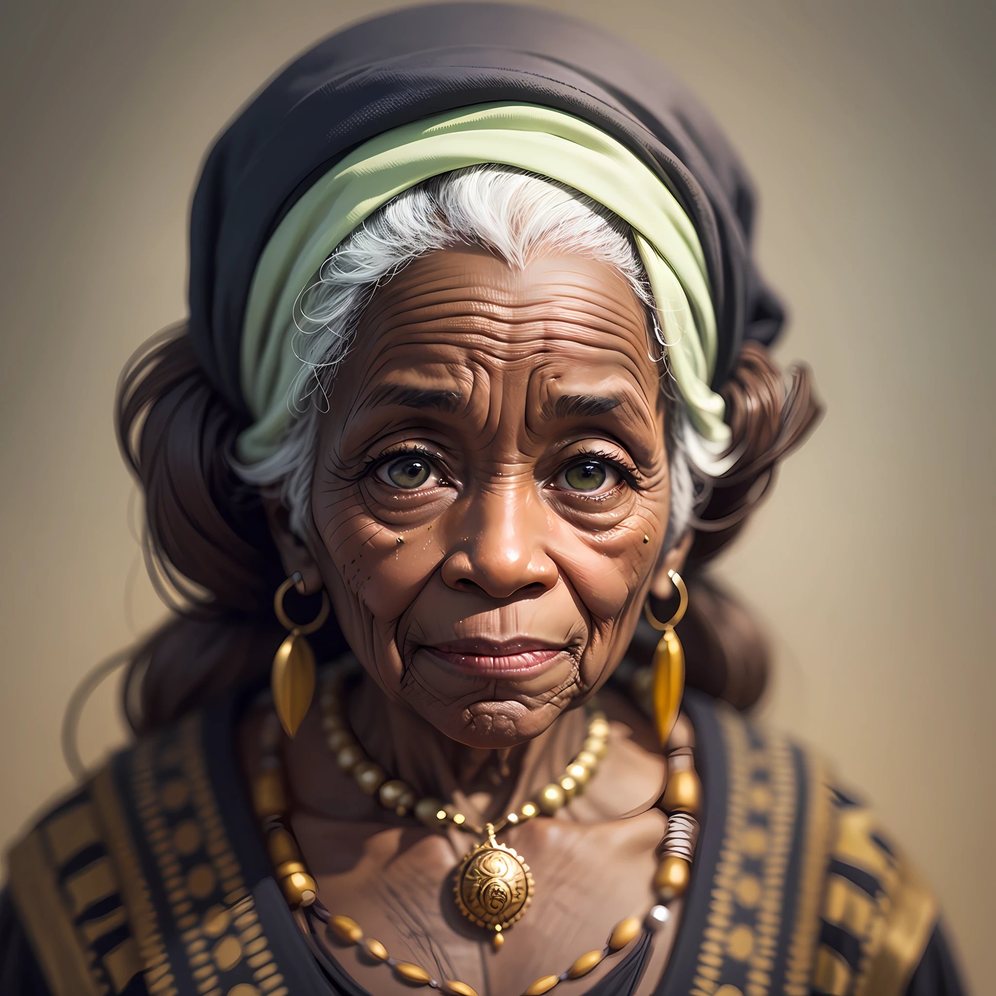 Old black woman aged 95, with a humble, calm and affable expression. Wearing a white oja on her head. In his mouth a pipe. On her neck, a necklace of African quotas. In her ear, a bunch of green leaves. --auto --s2
