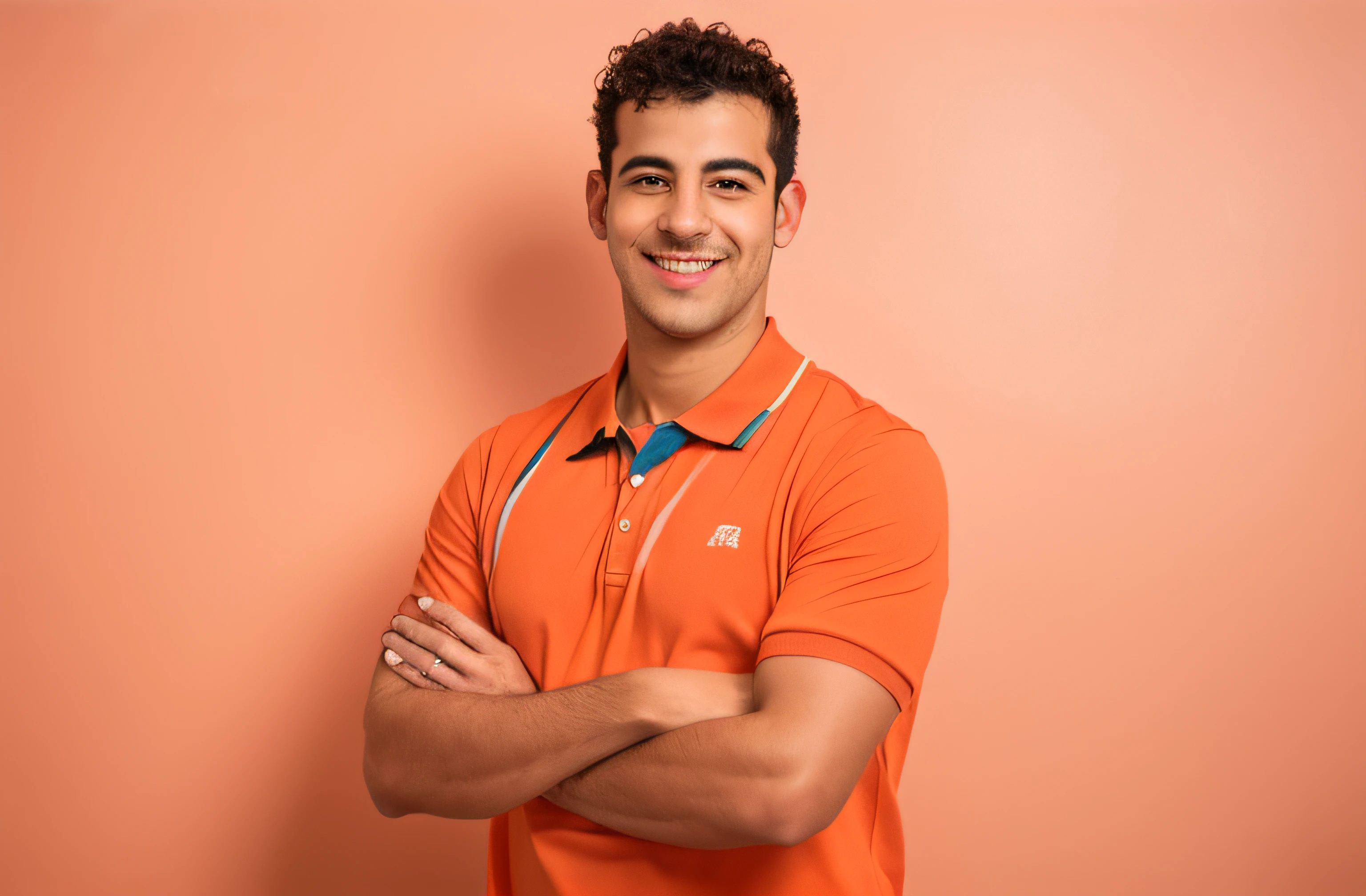 Arafed man in an orange polo shirt with arms crossed, wearing orange polo shirt, wearing an orange shirt, smiling man, smiling man, young spaniard, wearing a polo shirt, photo of a man, attractive man, orange shirt, a picture of a man, attractive young young man, young greek man, posing with arms crossed
