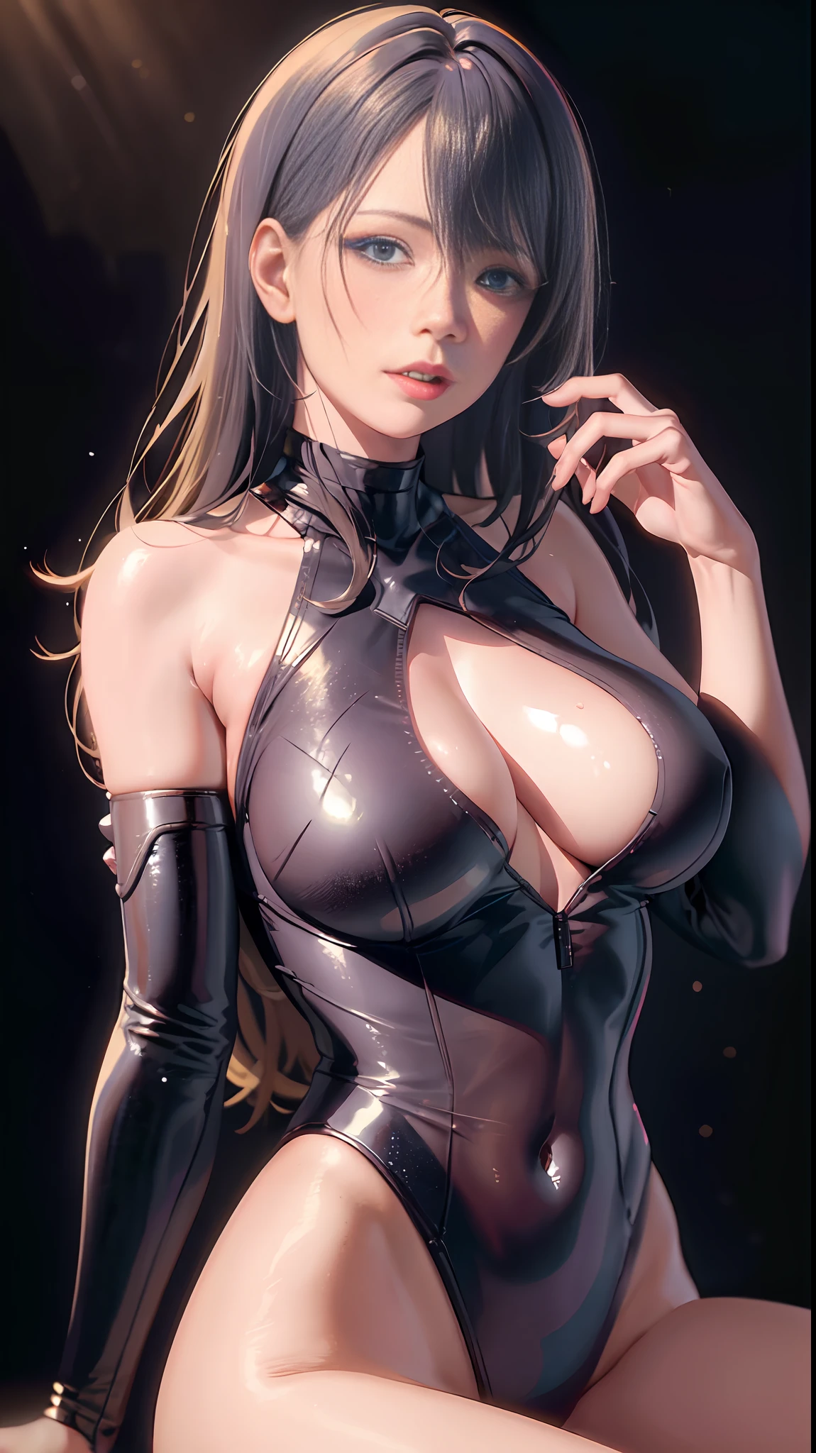 (Master Masterpiece: 1.2), Best Quality, High Resolution, Original, Ultra HD, Very Detailed Wallpaper, Perfect Lighting, (Light White Blonde Pink Hair Color 0.8) , (Very detailed CG: 1.2), ((bare pubic hair: 1.5)), no panties, ((transparent clothes: 1.2)), full body, pantyhose, no bra, photorealistic ((Cameltoe: 1.5)), 8k, perfect artwork, ultra-detailed rendering, highest quality, high resolution, detail maniac, realistic eyes, best quality, delicate face, detailed body limbs, 1 girl, solo, sleeveless clothes, sleeveless shirts, fishnet clothes, dark lips, Unzipped jacket, bare breasts, blush, highlight, superb breasts, superb figure, flesh, tinted, transparent clothes, skinny, open pants, slim,