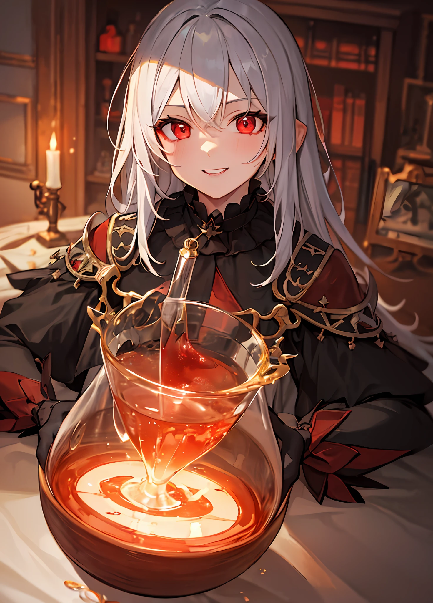 vampire, red alchemy potions, red alchemy potion, potion bottle, glowing red potion, masterpiece, best quality, ultra-detailed, illustration, ultra-detailed face, best quality face, evil, 30 years old, adult, 1girl, 30 years old, no human, white hair, alchemy outfit, intricate detailed outfit