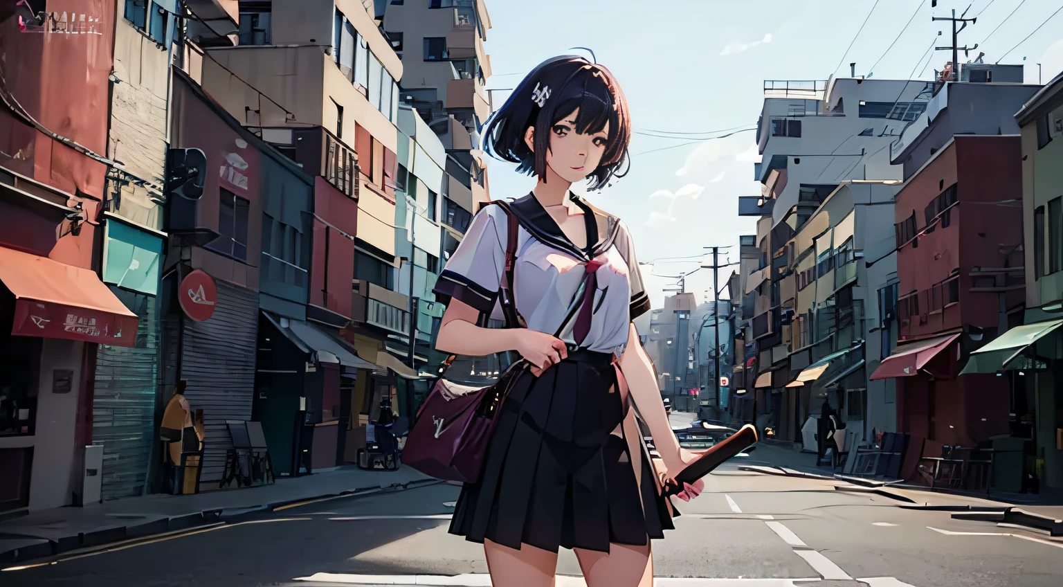 anime girl in a short skirt holding a baseball bat in a city, anime style 4 k, anime moe artstyle, anime style illustration, anime styled digital art, retro anime girl, anime art wallpaper 8 k, beautiful anime high school girl, anime style digital art, anime style art, anime style. 8k, marin kitagawa fanart, anime art wallpaper 4k