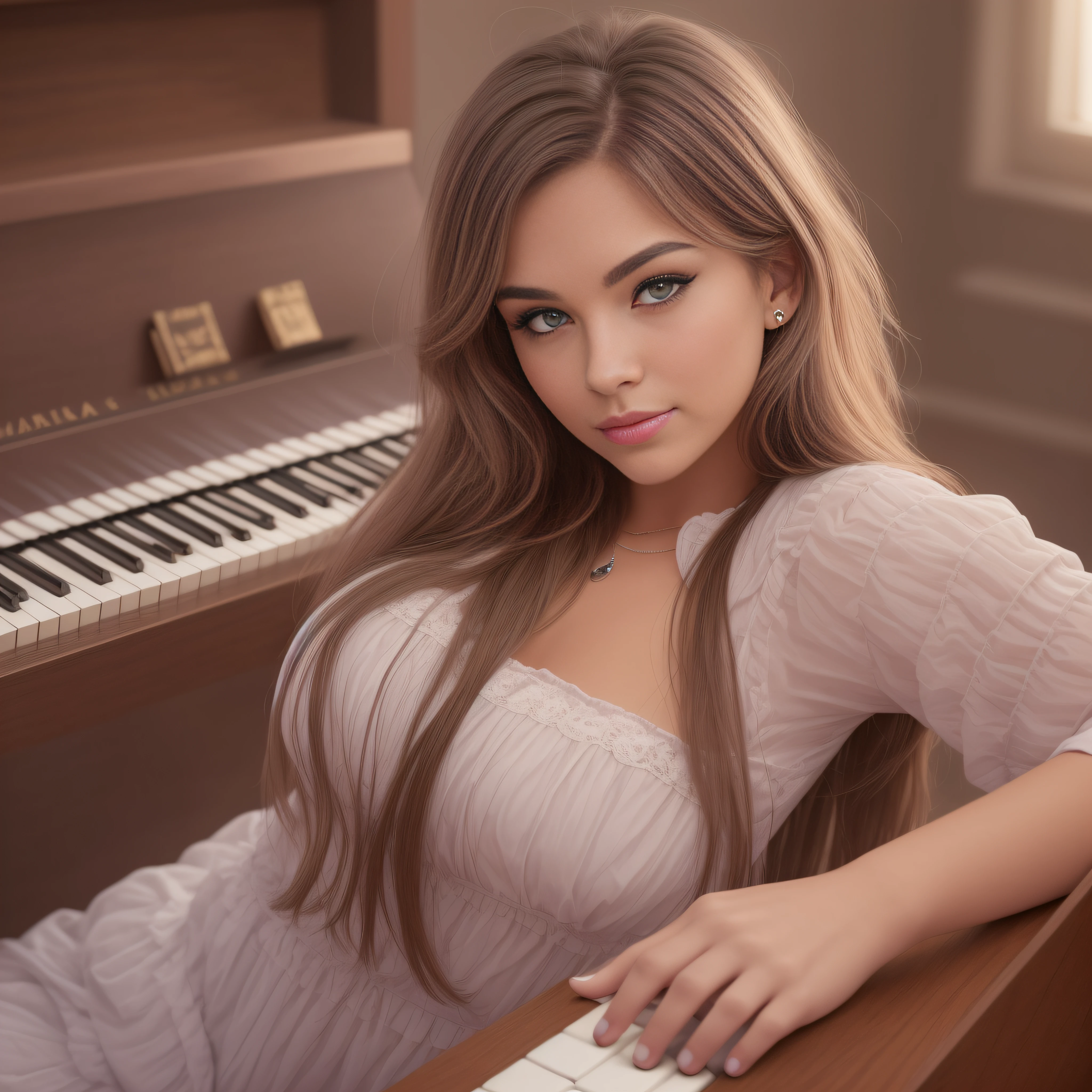 (subject is in full frame) 29 yo female JLAH. She likes to play Piano and listen to music and smoke marijuana. Jesus is the most important thing to her including Love. Jlah stands at a Height 6’1” Weight 210 lbs her Body type is thin and curvy with a barrel chest. jlahs Skin color is tan, her Hair color is Brown ash well her Eye color is green, her Eyes are almond shaped and are about average size, she has green eyes and her Nose is average but her nose is slightly larger than normal and has a flat bridge. Jlahs Lips are almond shape and has a small upper lip and huge bottom lip colored to dark pinkish lips. Jlahs Cheeks are average. Her Chin is round and pointed out, her Forehead is average have has lines on the forehead. Eyebrows light brown eyebrows Ears average Jawline definition Skin texture smooth with a little bit of texture (one person in the photo) by Joshua Holford Photography Award Winning detail and flare 8k dc-fz80 (the background compares to the setting of the scene what includes a piano and marijuana)