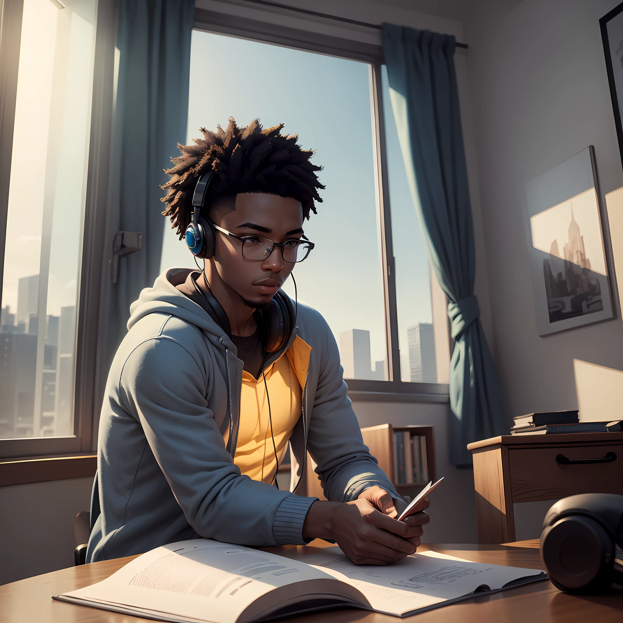Young black man studying with headphone and glasses, in a room with modern minimalist style, and a beautiful landscape by the window of a modern city, maximum quality, ultra-detailed details, beautiful CG drawing in 8k resolution, best illustration, very delicate and beautiful, floating, warm ambient light