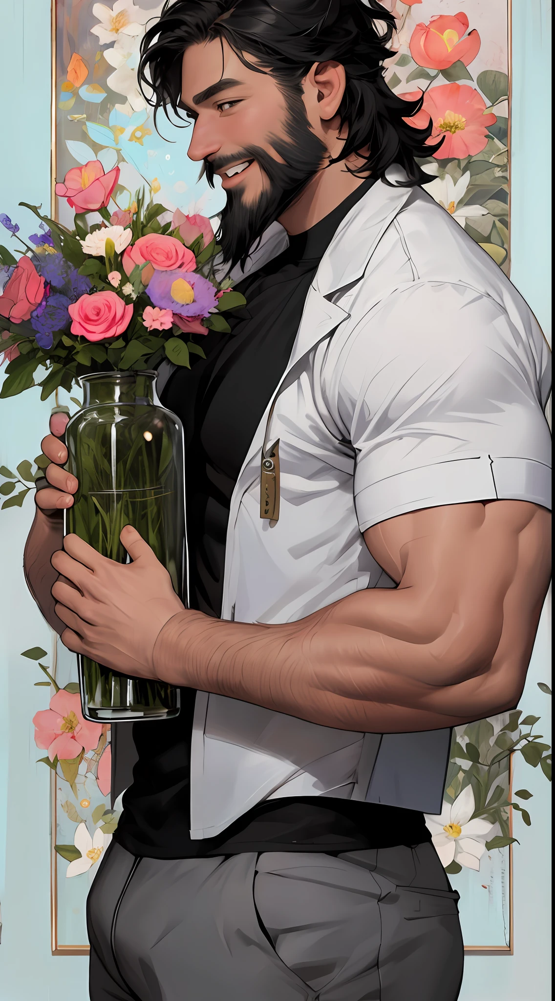 Impressionism still-live painting, bara, a black short hair muscular naked man holding a silver vase with colorful flowers, chest hair, short black hair, black eyes, smiling, beard, huge bulge