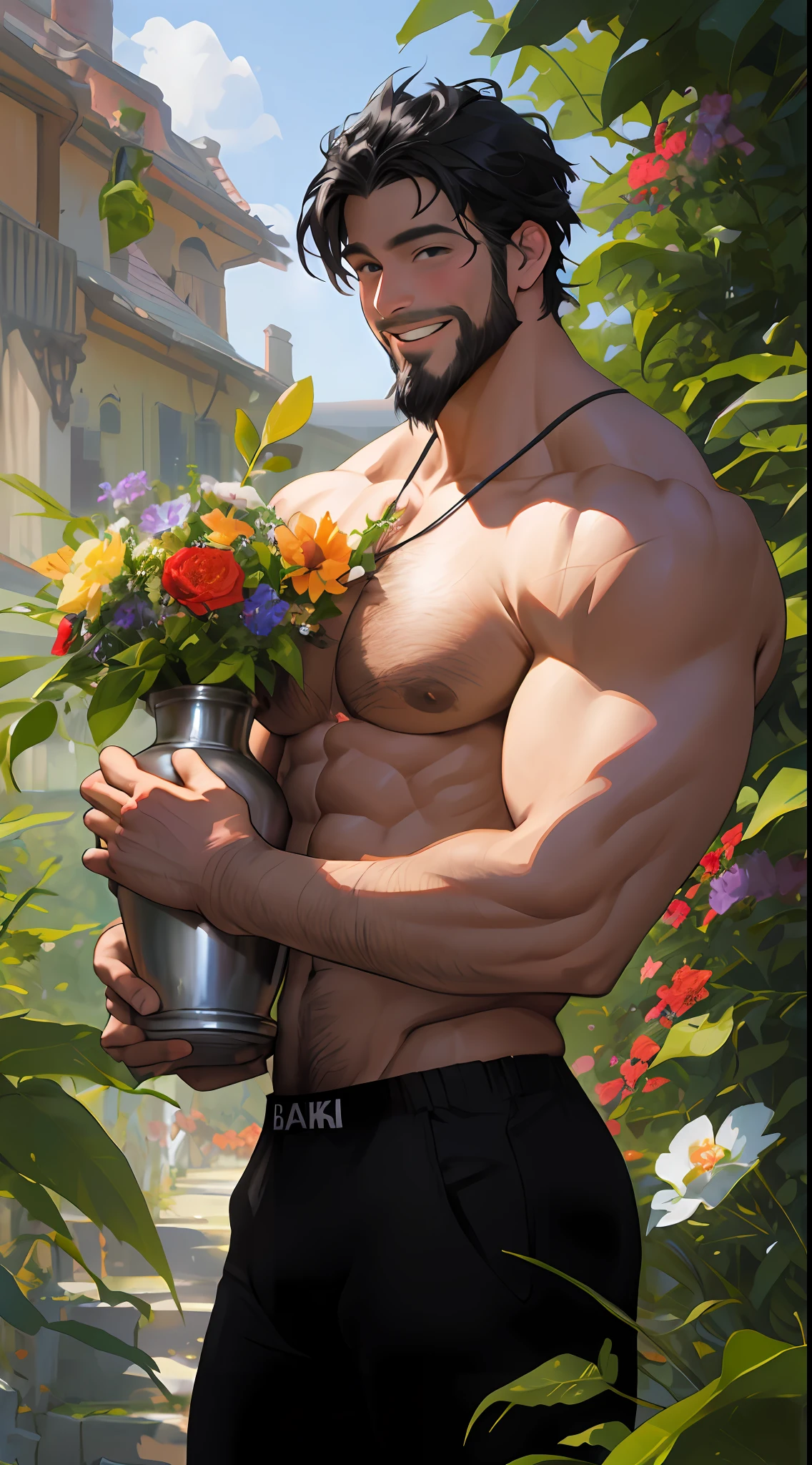 Impressionism still-live painting, bara, a black short hair muscular naked man holding a silver vase with colorful flowers, chest hair, short black hair, black eyes, smiling, beard, huge bulge