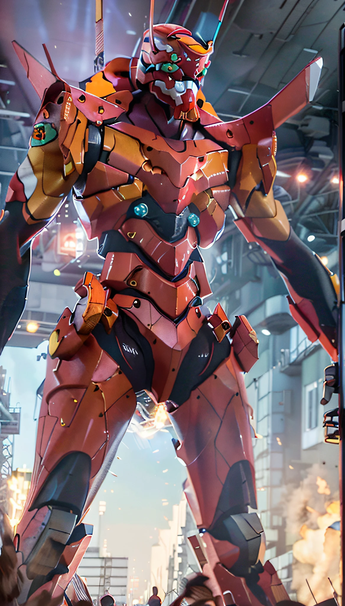 (Eva 02), God Eva, Evangelion Mecha, Science Fiction, Looking at the Audience, 3d Rendering, (Official Art, Best Quality, Masterpiece: 1.2), Illustration, High Resolution, Beautiful Abstract Background, Futurism, Cyberpunk, Intense Angle,
