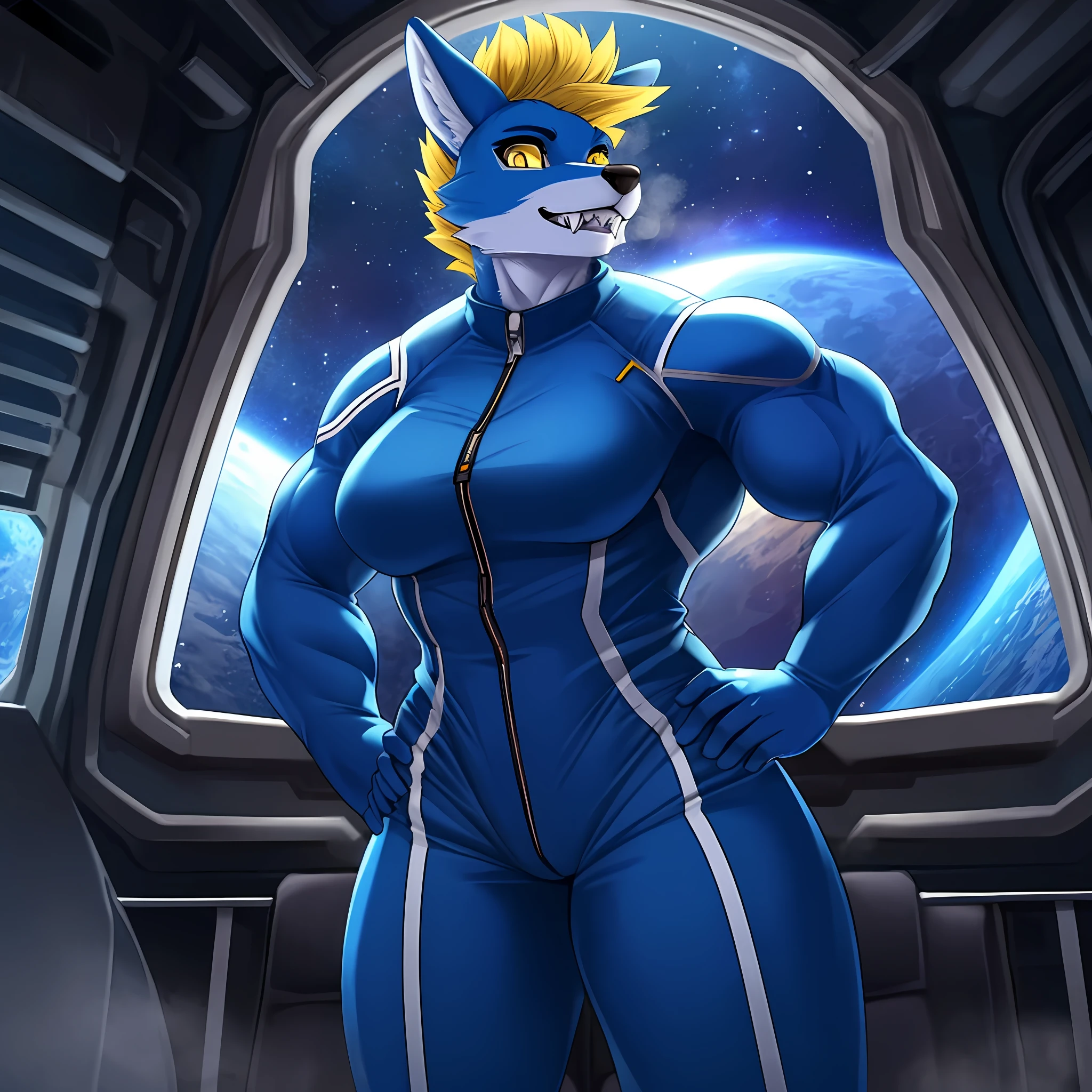 Solo, female, canine, blue fur, muscular, beefy, very strong, massive biceps, defined abs, defined muscles, fox, blue body, blonde hair, tall mohawk, giant mohawk, yellow eyes, detailed eyes, detailed hands, sharp teeth, fangs, steam, steam from nose, tall ears, indigo jumpsuit, indigo spacesuit, standing, space, spaceship, window