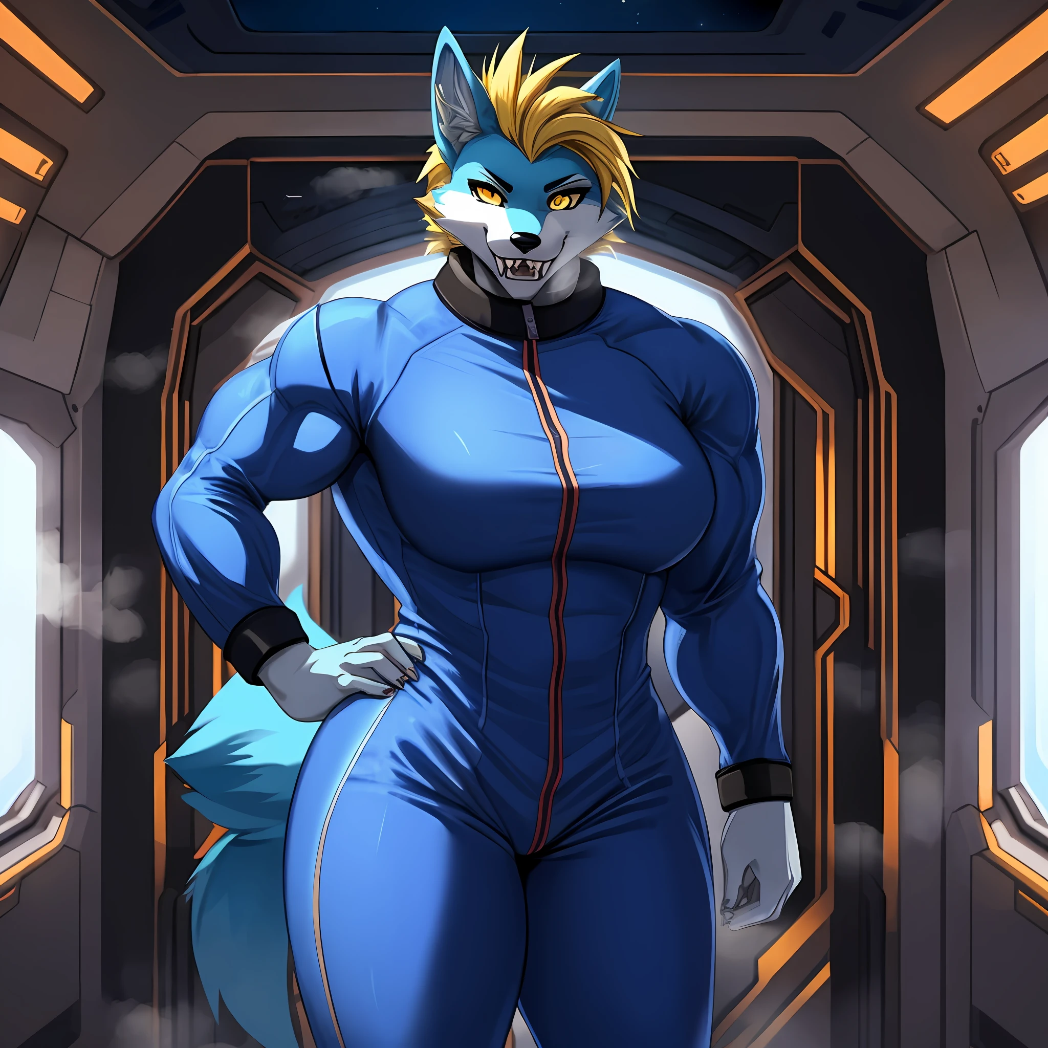 Solo, female, canine, blue fur, muscular, beefy, very strong, massive biceps, defined abs, defined muscles, fox, blue body, blonde hair, tall mohawk, giant mohawk, yellow eyes, detailed eyes, detailed hands, sharp teeth, fangs, steam, steam from nose, tall ears, indigo jumpsuit, indigo spacesuit, standing, space, spaceship, window