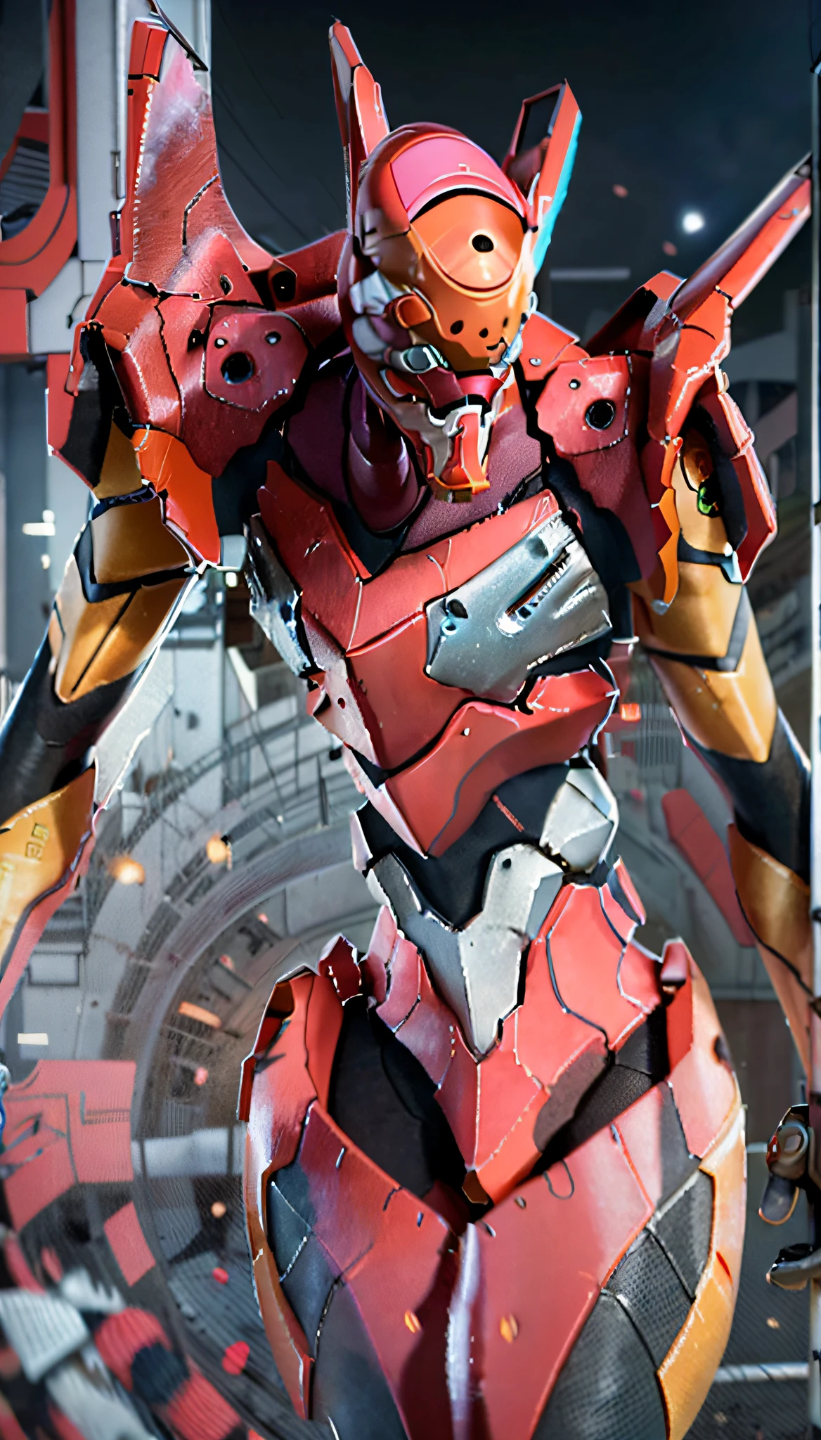 (Eva 02), God Eva, Evangelion Mecha, Science Fiction, Looking at the Audience, 3d Rendering, (Official Art, Best Quality, Masterpiece: 1.2), Illustration, High Resolution, Beautiful Abstract Background, Futurism, Cyberpunk, Intense Angle,