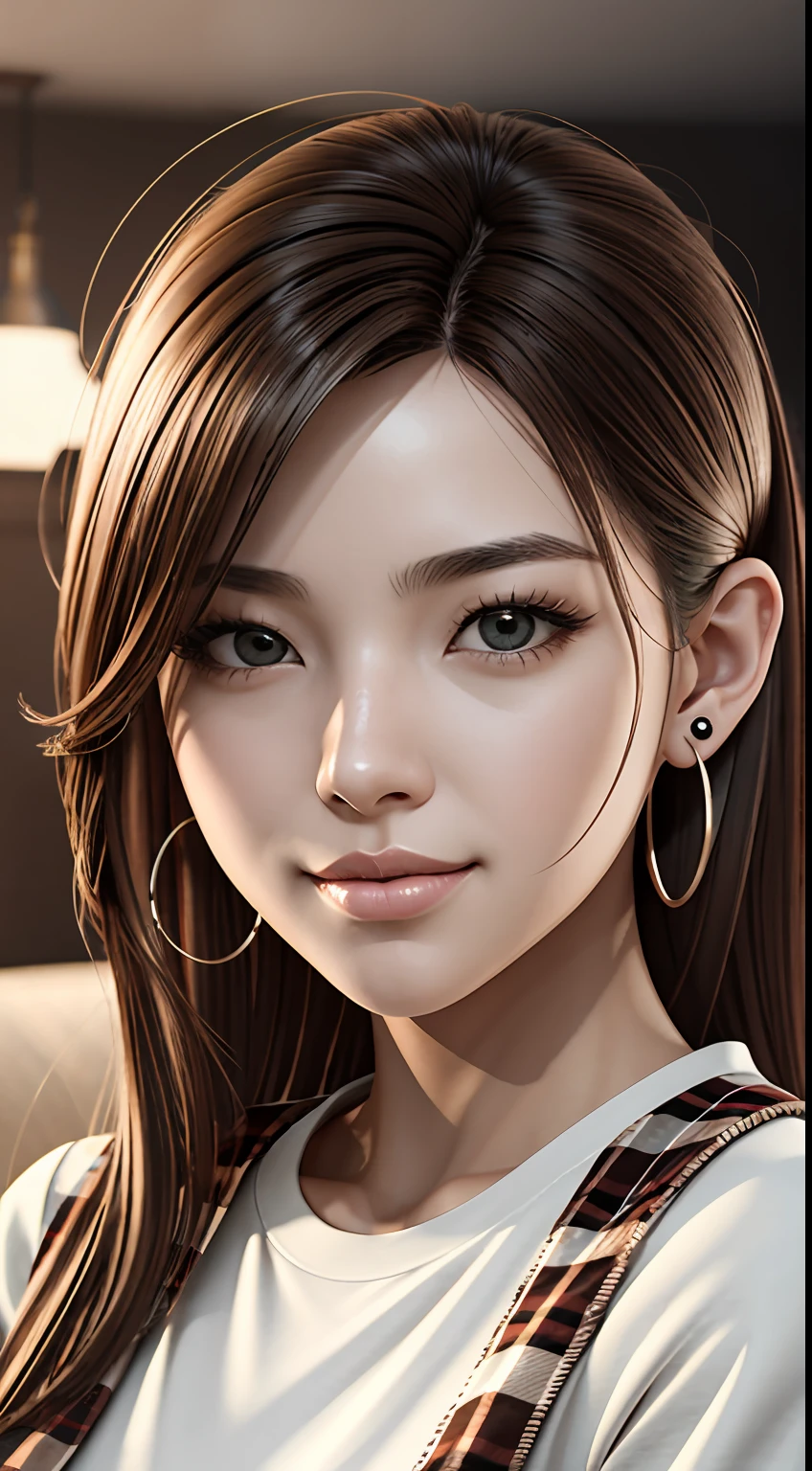 [25-year-old female],[face: round], [eyes: almond eye shape, brown color, thick and curved eyebrow shape], [Nose: Sticky shape, small hole], [Mouth: thick lip shape, Neat teeth], [Chin: Tyre chin shape, Sunken chin], [Hair: Long hairstyle, black color,], [Ears: Small ear shape], [skin: white skin color, Smooth skin texture], [Facial expression: smile], [Activity: Sitting on the sofa in the living room],
[Top clothes: T-shirt, brown color, plaid pattern, delicate texture, casual wear style, folded clothing design, well-maintained clothing condition]
Professional photograph of a stunning woman detailed, cinematic lightning, octane render, unreal engine, volumetrics dtx