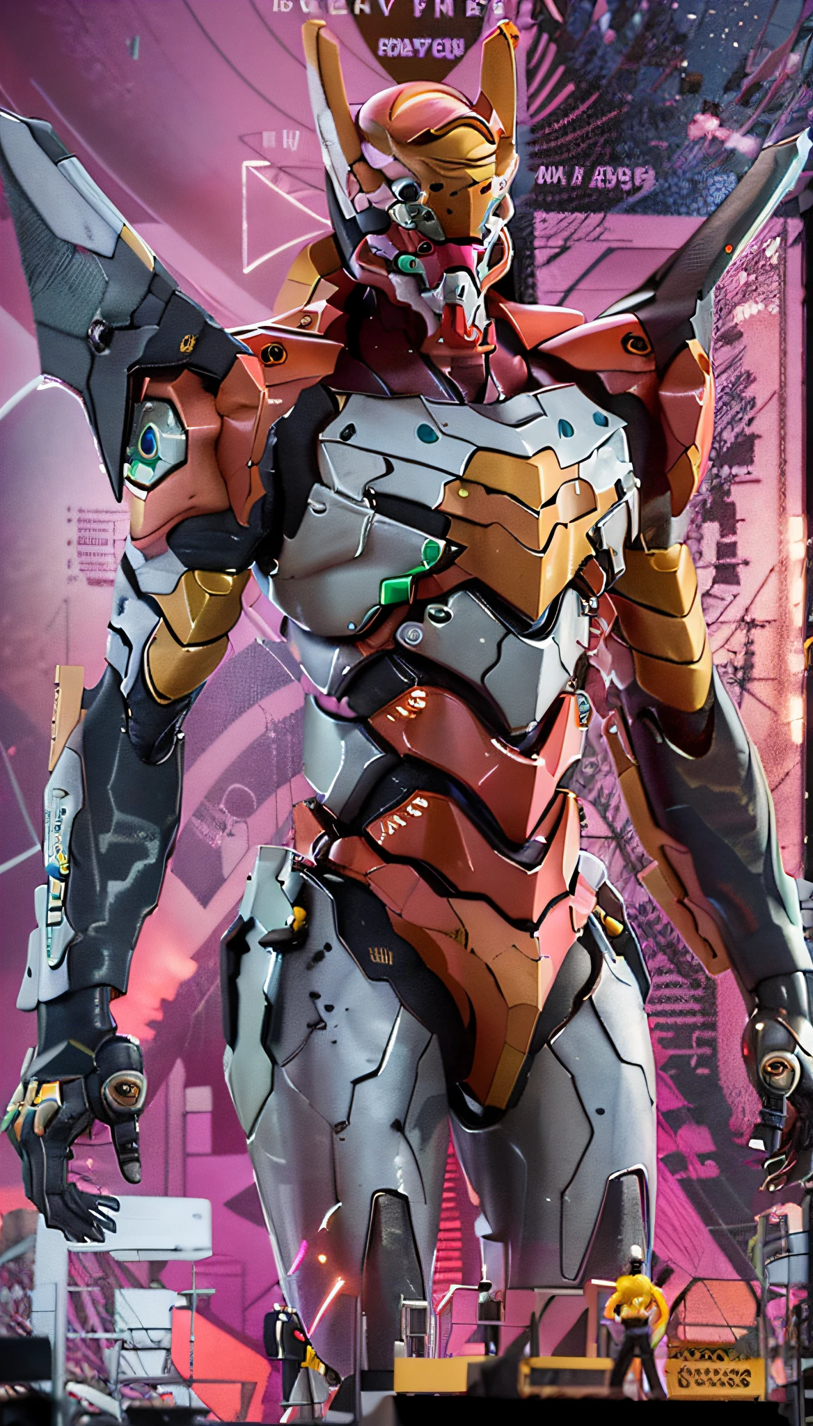 (Eva 02), God Eva, Evangelion Mecha, Science Fiction, Looking at the Audience, 3d Rendering, (Official Art, Best Quality, Masterpiece: 1.2), Illustration, High Resolution, Beautiful Abstract Background, Futurism, Cyberpunk, Intense Angle,