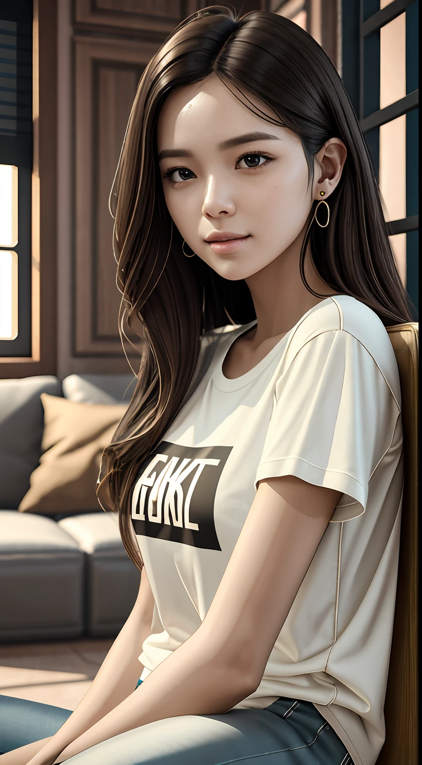 [25-year-old female],[face: round], [eyes: almond eye shape, brown color, thick and curved eyebrow shape], [Nose: Sticky shape, small hole], [Mouth: thick lip shape, Neat teeth], [Chin: Tyre chin shape, Sunken chin], [Hair: Long hairstyle, black color,], [Ears: Small ear shape], [skin: white skin color, Smooth skin texture], [Facial expression: smile], [Activity: Sitting on the sofa in the living room],
[Top clothes: T-shirt, brown color, plaid pattern, delicate texture, casual wear style, folded clothing design, well-maintained clothing condition]
Professional photograph of a stunning woman detailed, cinematic lightning, octane render, unreal engine, volumetrics dtx