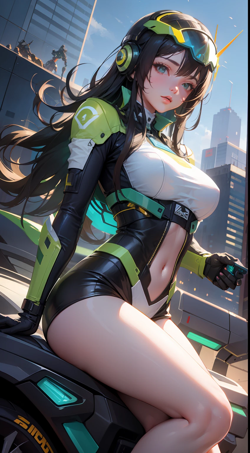 Highest image quality, outstanding details, ultra-high resolution, (realism: 1.4), the best illustration, favor details, highly condensed 1girl, with a delicate and beautiful face, dressed in a black and green mecha, wearing a mecha helmet, holding a directional controller, riding on a motorcycle, the background is a high-tech lighting scene of the future city.