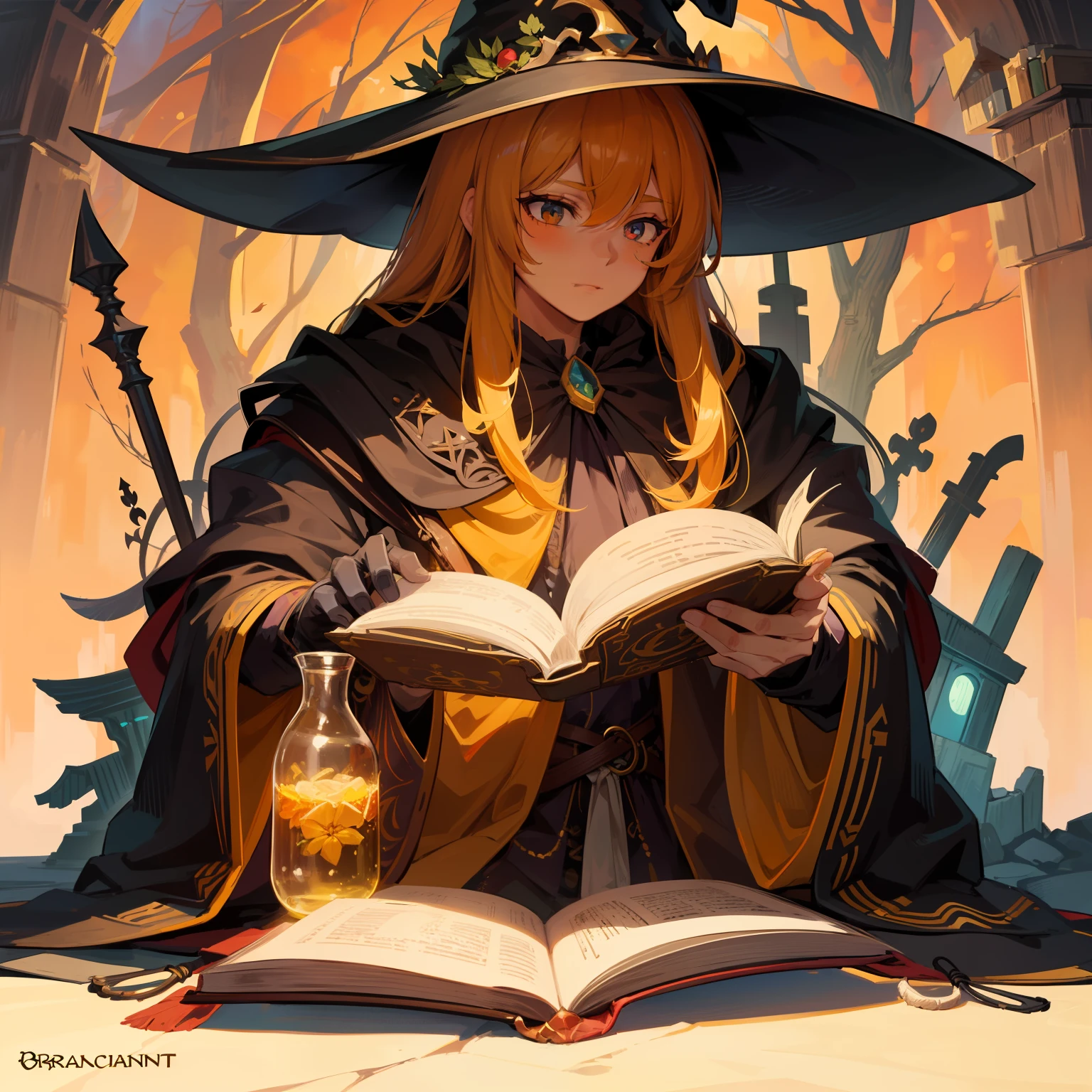 masterpiece, best quality, 1 male, adult, tall muscular, handsome, finely detailed eyes, intricate details,orange and yellow wizard, black hat with a pointed brim, broomstick with a carved handle, spellbook with a variety of spells, potion bottles with various ingredients, enchanted forest with a hidden wizard hut, orange and yellow colors